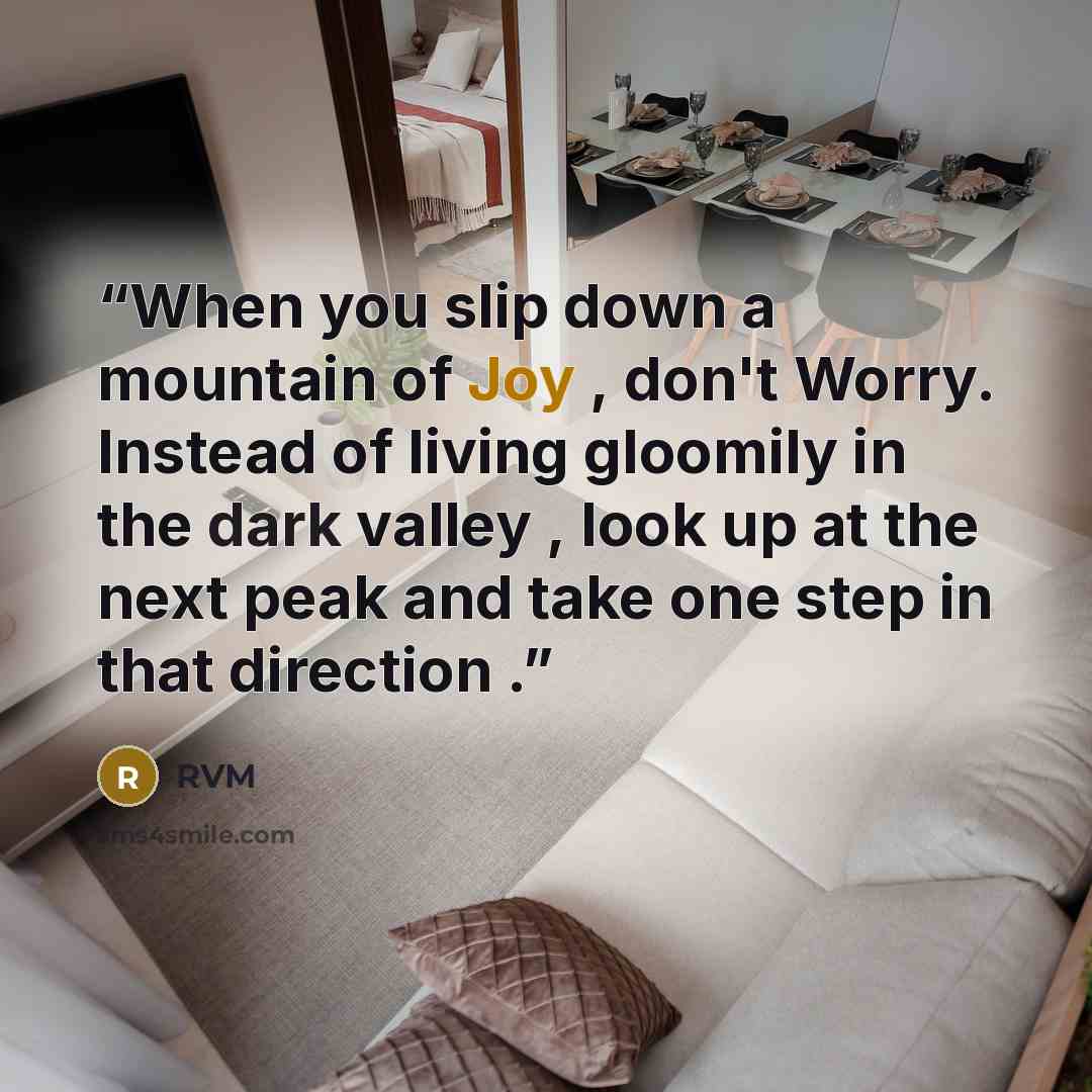 “When you slip down a mountain of Joy , don't Worry. Instead of living gloomily in the dark valley , look up at the next peak and take one step in that direction .” quote by RVM