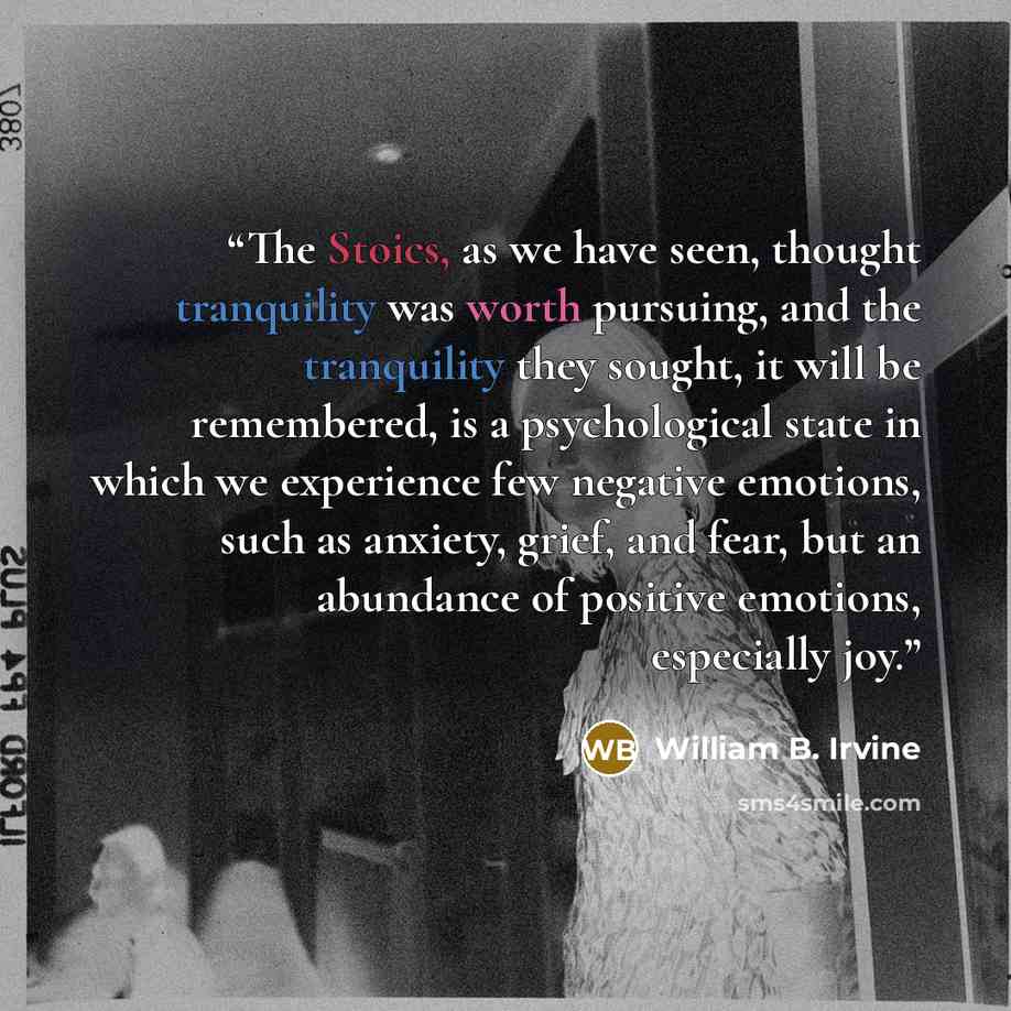 “The Stoics, as we have seen, thought tranquility was worth pursuing, and the tranquility they sought, it will be remembered, is a psychological state in which we experience few negative emotions, such as anxiety, grief, and fear, but an abundance of positive emotions, especially joy.” quote by William B. Irvine