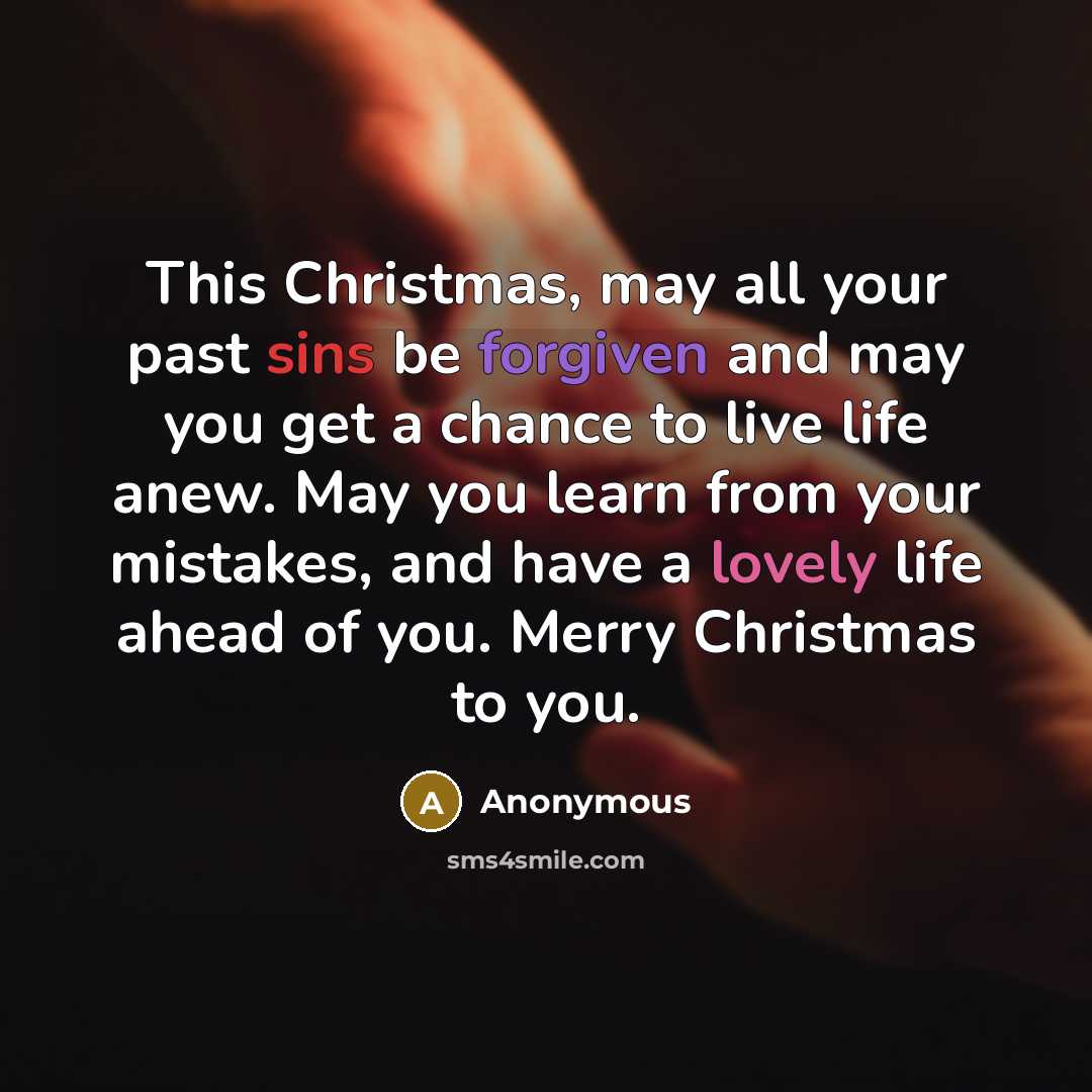 “This Christmas, may all your past sins be forgiven and may you get a chance to live life anew. May you learn from your mistakes, and have a lovely life ahead of you. Merry Christmas to you.” quote by Anonymous
