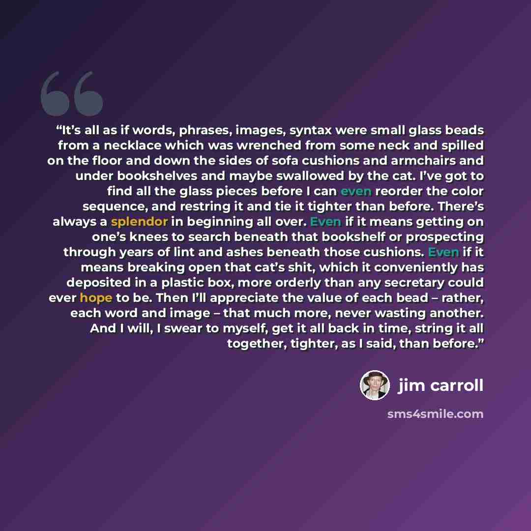 “It’s all as if words, phrases, images, syntax were small glass beads from a necklace which was wrenched from some neck and spilled on the floor and down the sides of sofa cushions and armchairs and under bookshelves and maybe swallowed by the cat. I’ve got to find all the glass pieces before I can…” quote by Jim Carroll