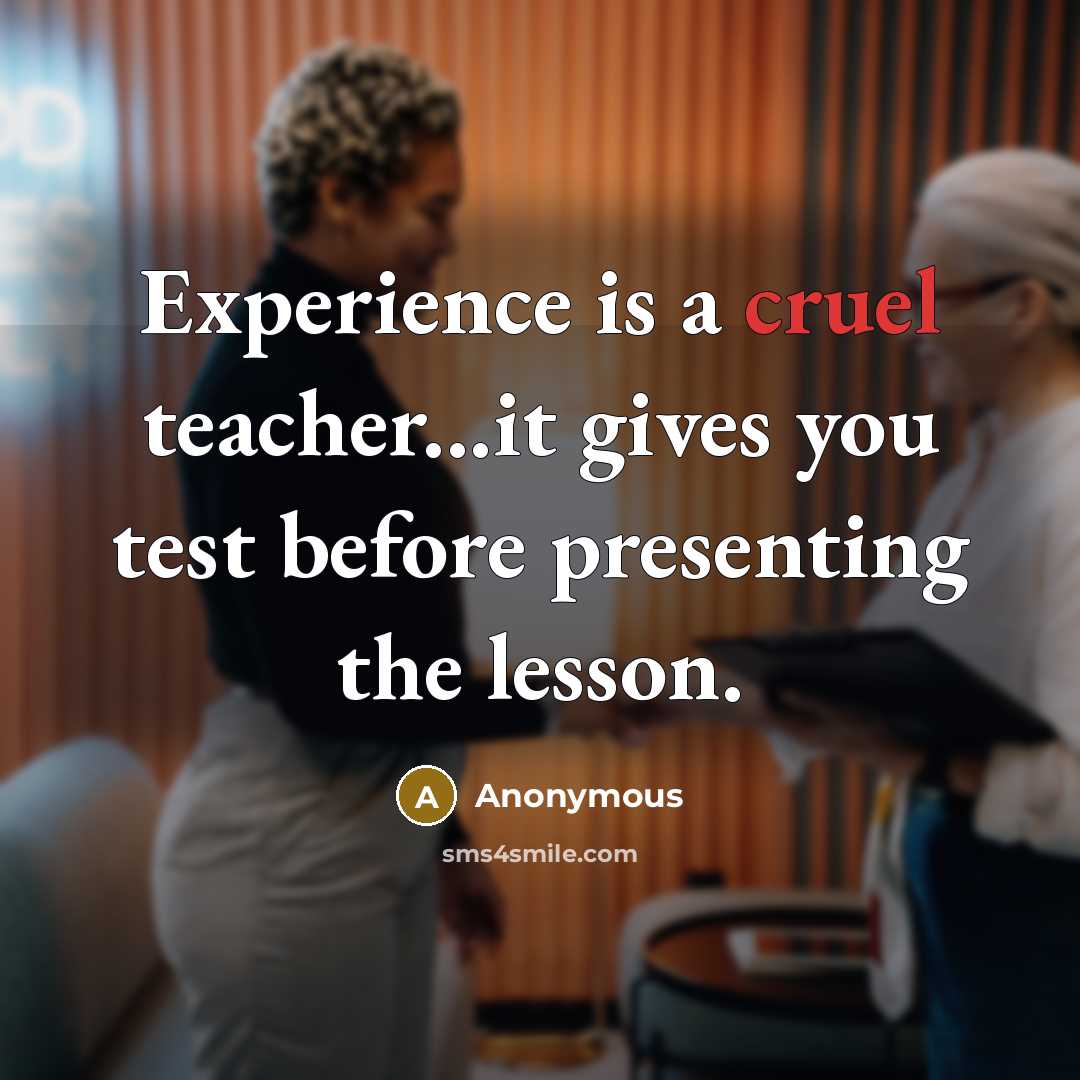 “Experience is a cruel teacher...it gives you test before presenting the lesson.” quote by Anonymous