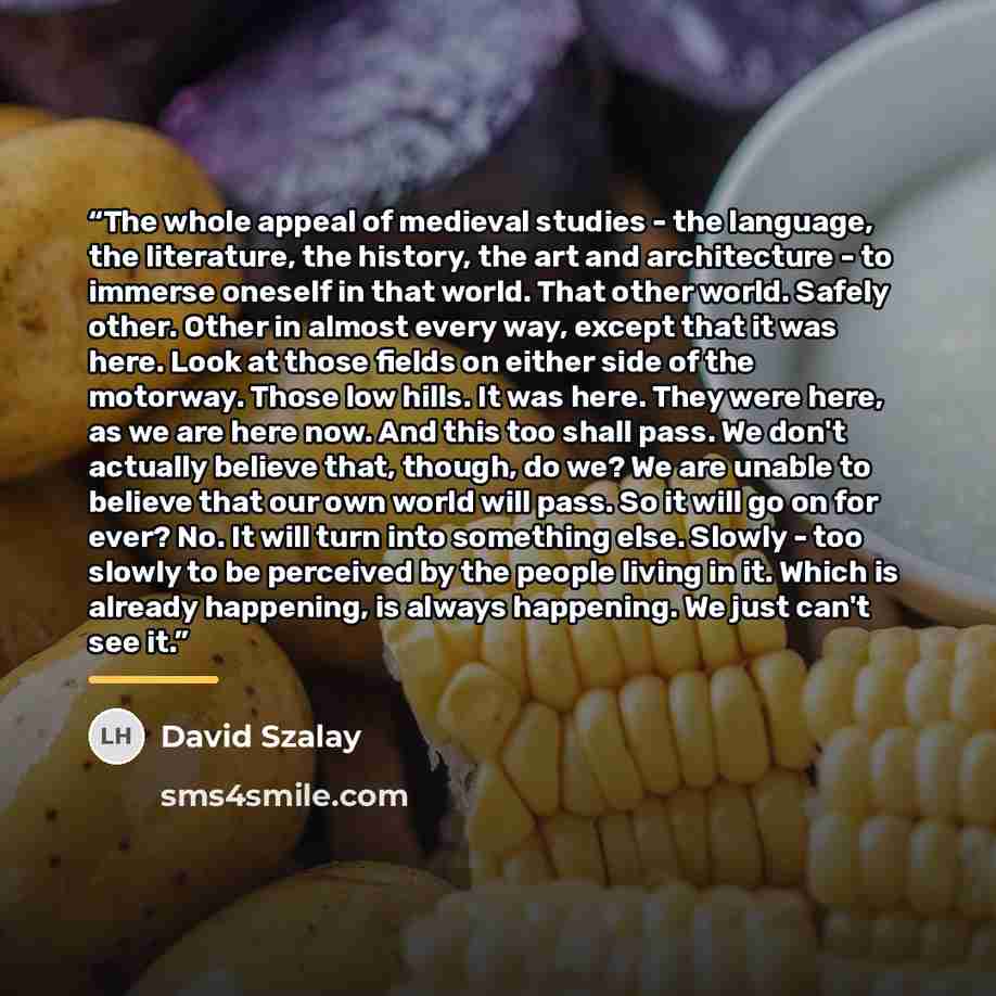 “The whole appeal of medieval studies - the language, the literature, the history, the art and architecture - to immerse oneself in that world. That other world. Safely other. Other in almost every way, except that it was here. Look at those fields on either side of the motorway. Those low hills…” quote by David Szalay