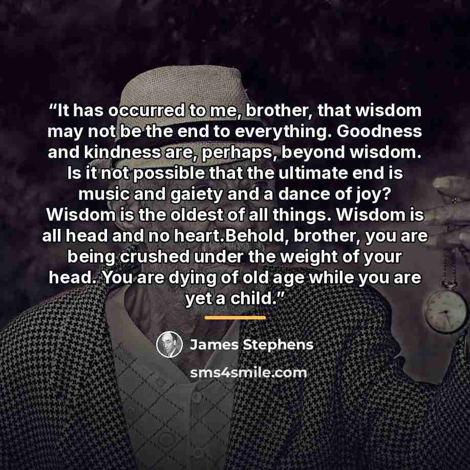 “It has occurred to me, brother, that wisdom may not be the end to everything. Goodness and kindness are, perhaps, beyond wisdom. Is it not possible that the ultimate end is music and gaiety and a dance of joy? Wisdom is the oldest of all things. Wisdom is all head and no heart.Behold, brother, you…” quote by James Stephens