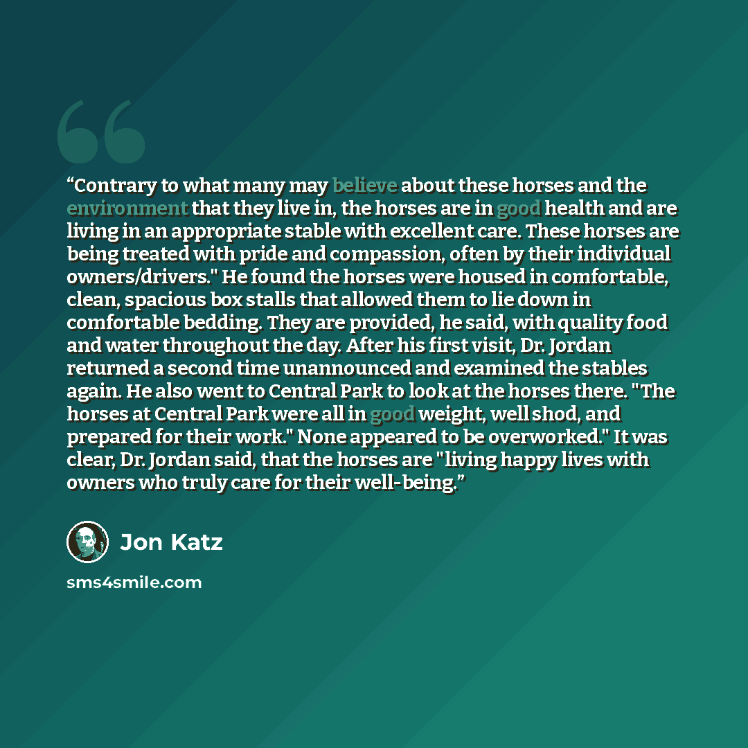 “Contrary to what many may believe about these horses and the environment that they live in, the horses are in good health and are living in an appropriate stable with excellent care. These horses are being treated with pride and compassion, often by their individual owners/drivers." He found the…” quote by Jon Katz