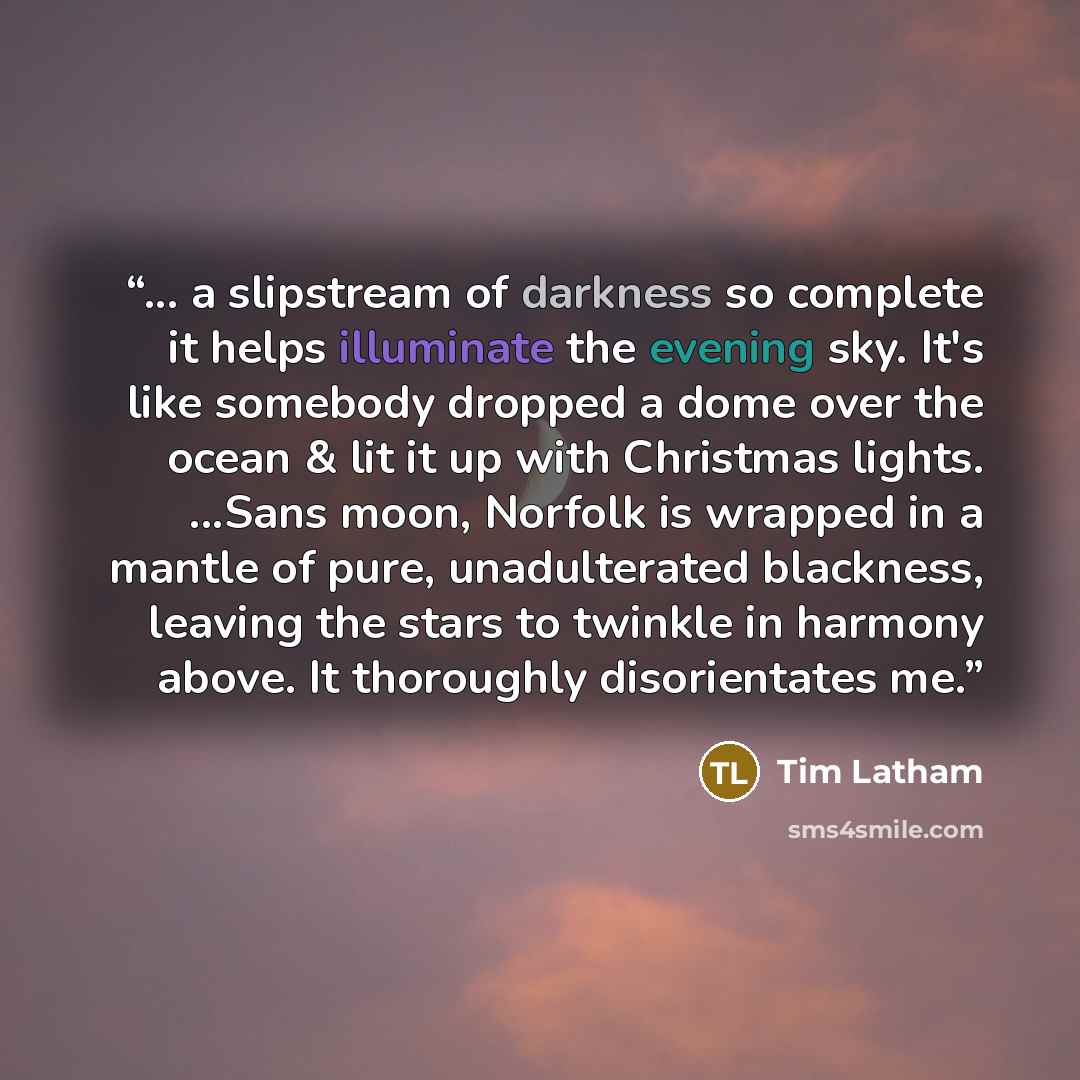 “... a slipstream of darkness so complete it helps illuminate the evening sky. It's like somebody dropped a dome over the ocean & lit it up with Christmas lights. ...Sans moon, Norfolk is wrapped in a mantle of pure, unadulterated blackness, leaving the stars to twinkle in harmony above. It…” quote by Tim Latham
