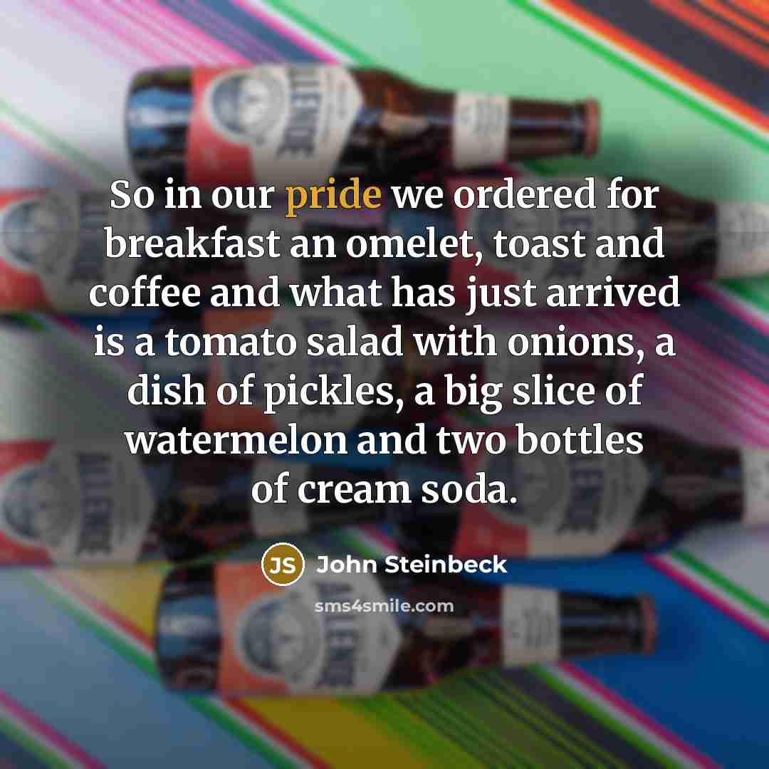 “So in our pride we ordered for breakfast an omelet, toast and coffee and what has just arrived is a tomato salad with onions, a dish of pickles, a big slice of watermelon and two bottles of cream soda.” quote by John Steinbeck
