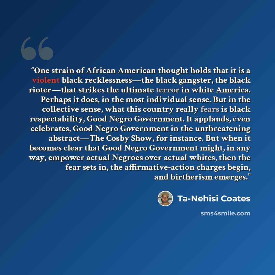 “One strain of African American thought holds that it is a violent black recklessness—the black gangster, the black rioter—that strikes the ultimate terror in white America. Perhaps it does, in the most individual sense. But in the collective sense, what this country really fears is black…” quote by Ta-Nehisi Coates