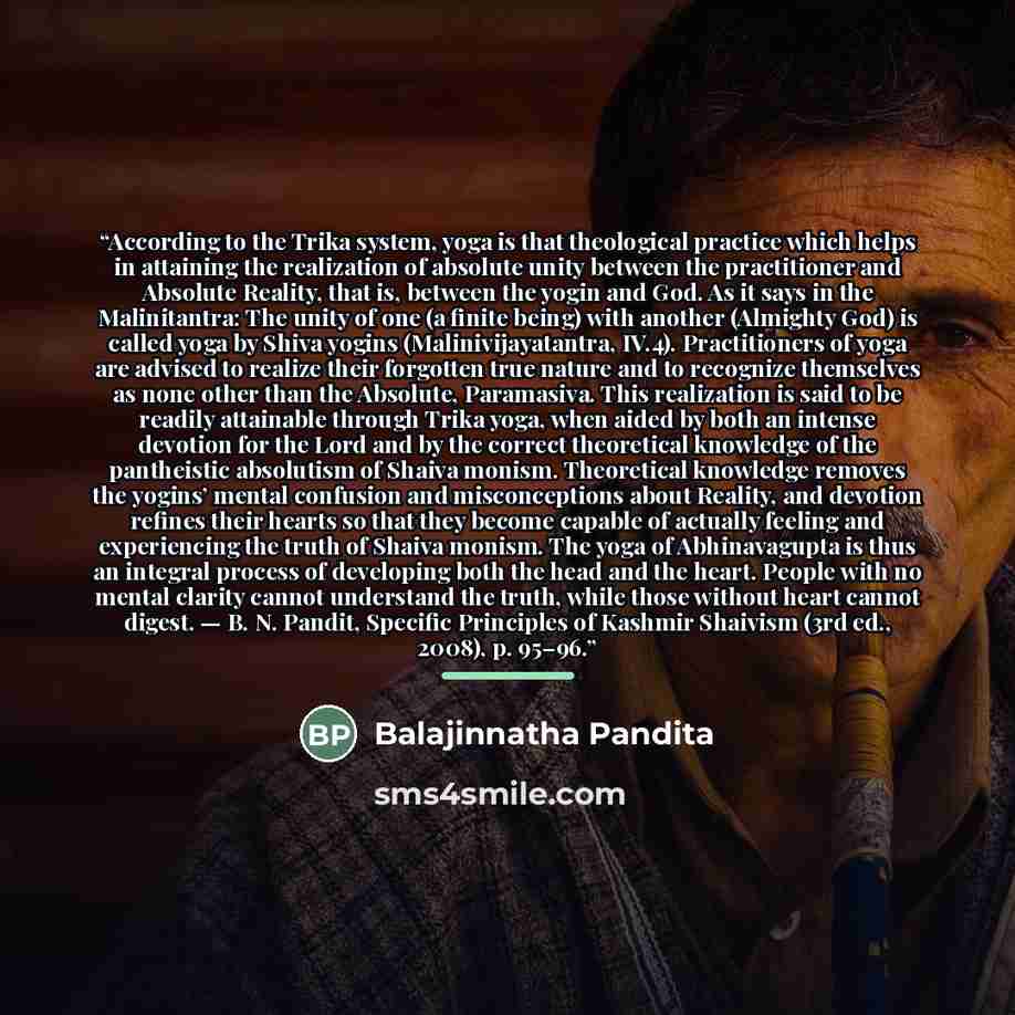 “According to the Trika system, yoga is that theological practice which helps in attaining the realization of absolute unity between the practitioner and Absolute Reality, that is, between the yogin and God. As it says in the Malinitantra: The unity of one (a finite being) with another (Almighty…” quote by Balajinnatha Pandita