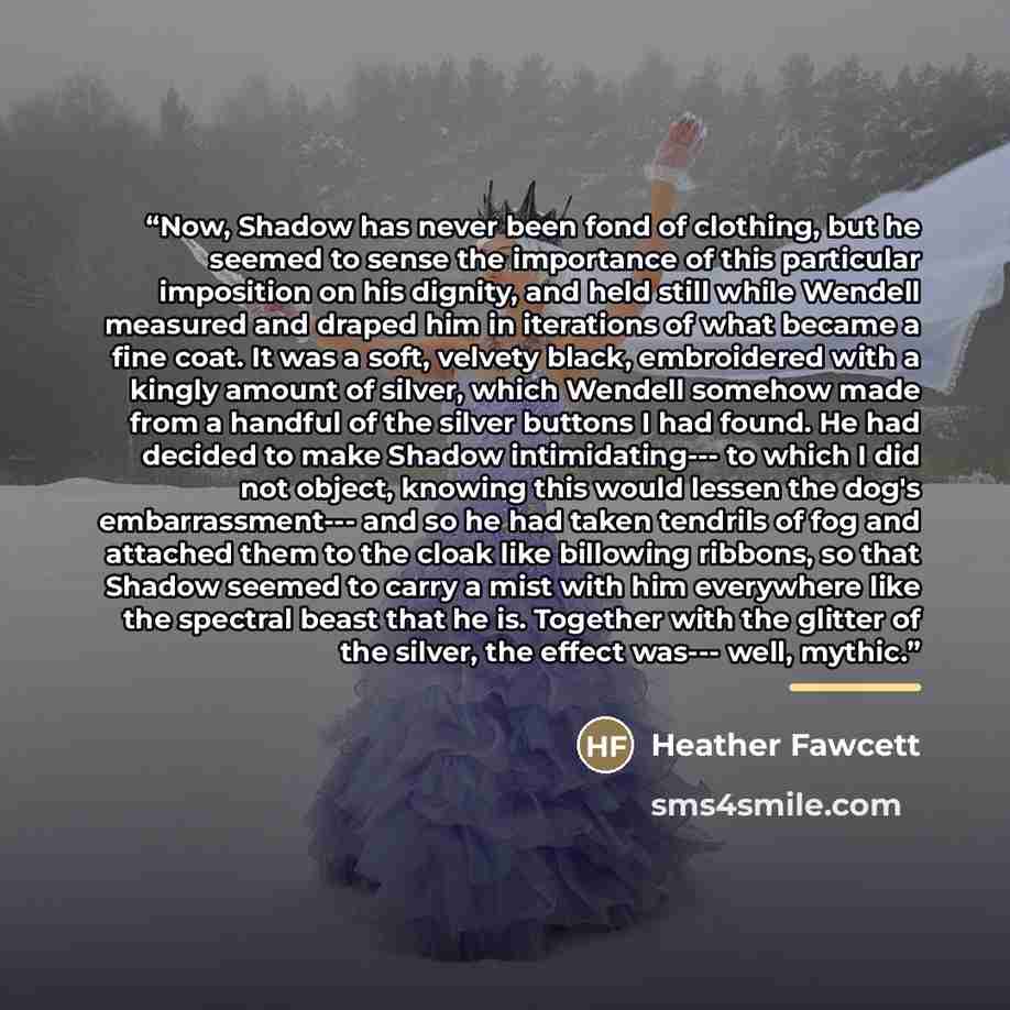 “Now, Shadow has never been fond of clothing, but he seemed to sense the importance of this particular imposition on his dignity, and held still while Wendell measured and draped him in iterations of what became a fine coat. It was a soft, velvety black, embroidered with a kingly amount of silver…” quote by Heather Fawcett