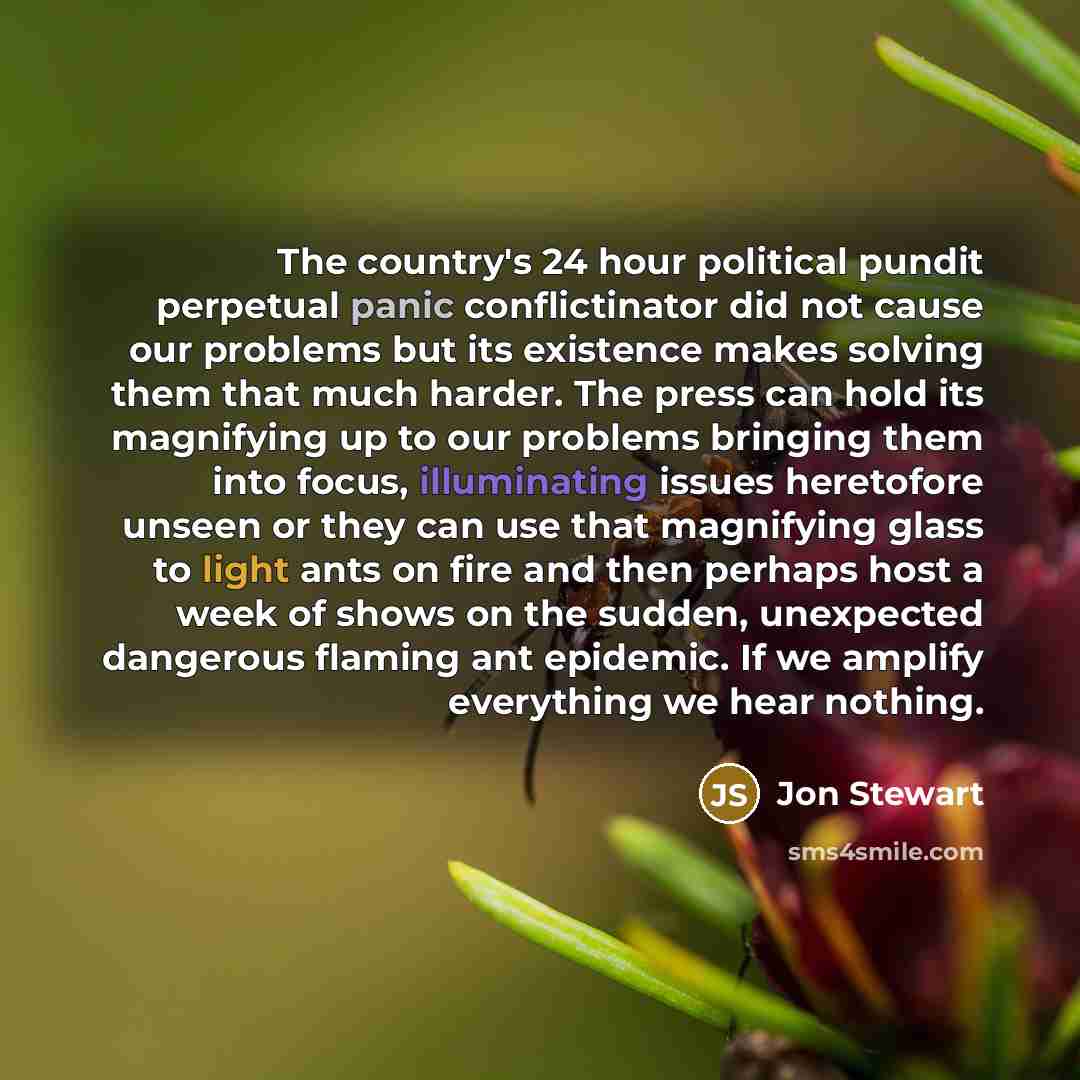 “The country's 24 hour political pundit perpetual panic conflictinator did not cause our problems but its existence makes solving them that much harder. The press can hold its magnifying up to our problems bringing them into focus, illuminating issues heretofore unseen or they can use that…” quote by Jon Stewart