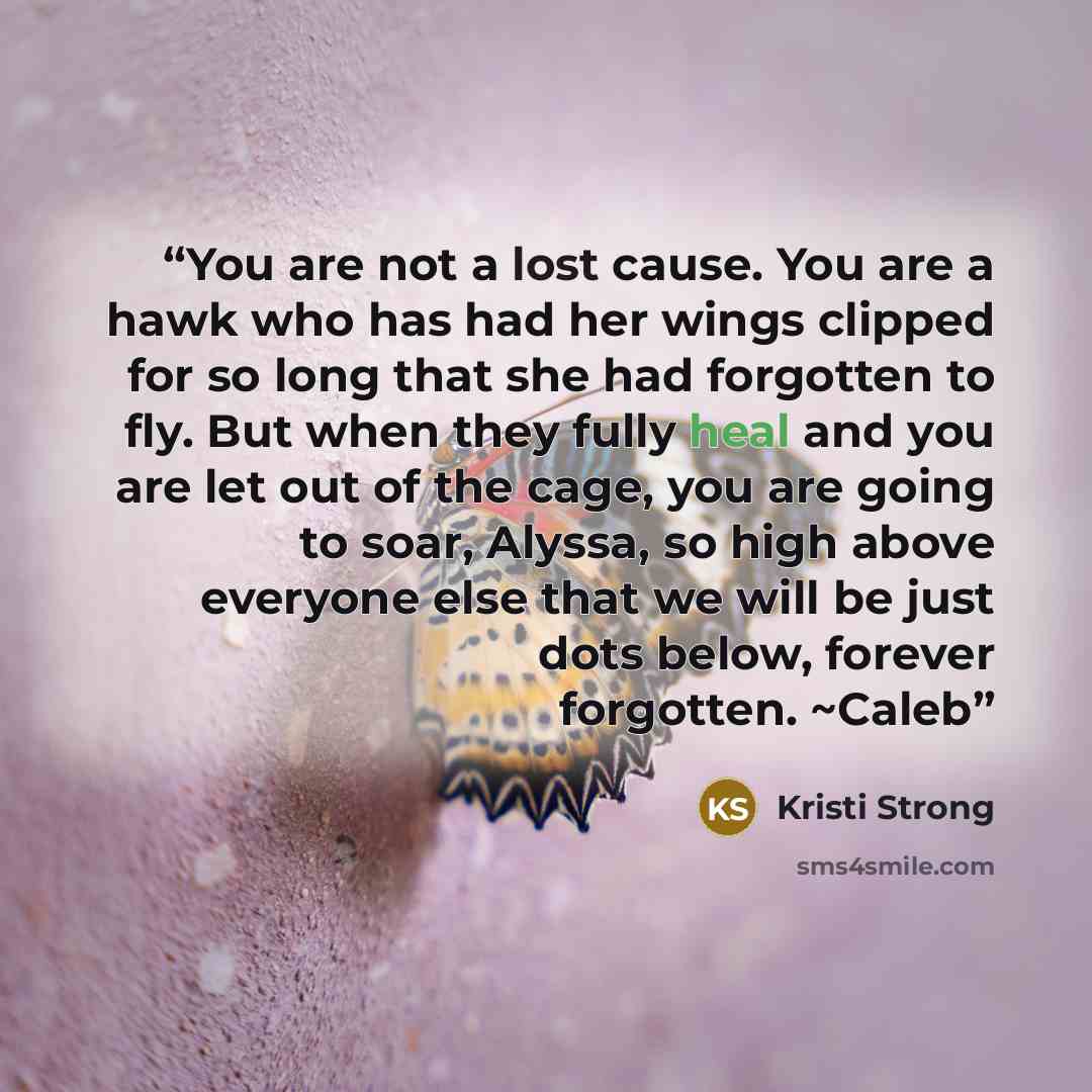 “You are not a lost cause. You are a hawk who has had her wings clipped for so long that she had forgotten to fly. But when they fully heal and you are let out of the cage, you are going to soar, Alyssa, so high above everyone else that we will be just dots below, forever forgotten. ~Caleb” quote by Kristi Strong
