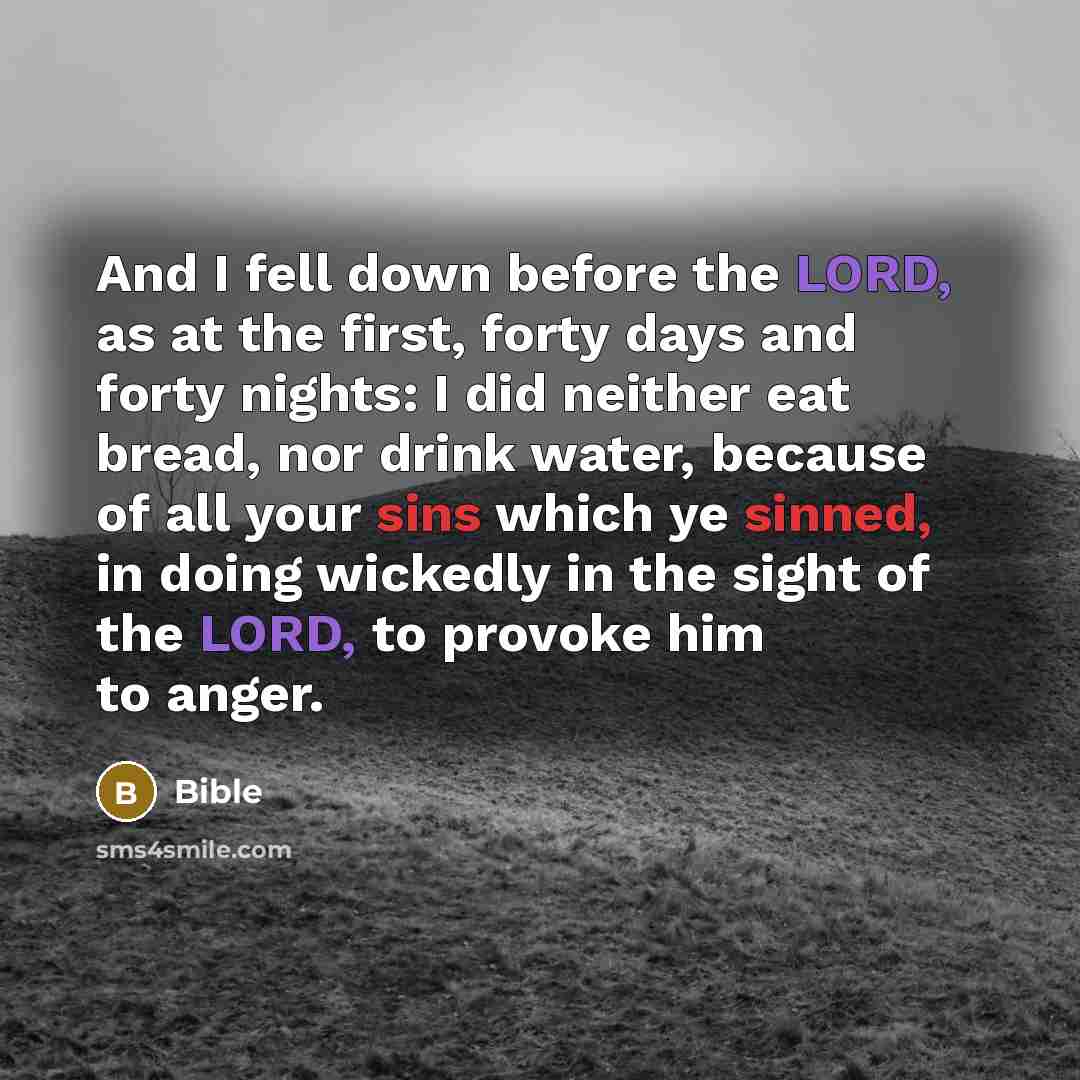 “And I fell down before the LORD, as at the first, forty days and forty nights: I did neither eat bread, nor drink water, because of all your sins which ye sinned, in doing wickedly in the sight of the LORD, to provoke him to anger.” quote by Bible