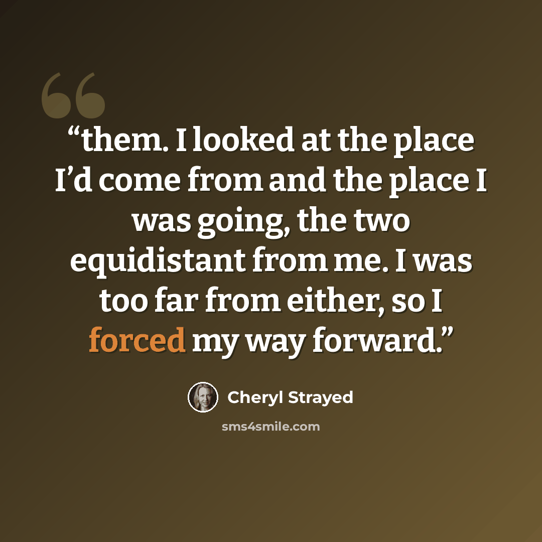 “them. I looked at the place I’d come from and the place I was going, the two equidistant from me. I was too far from either, so I forced my way forward.” quote by Cheryl Strayed