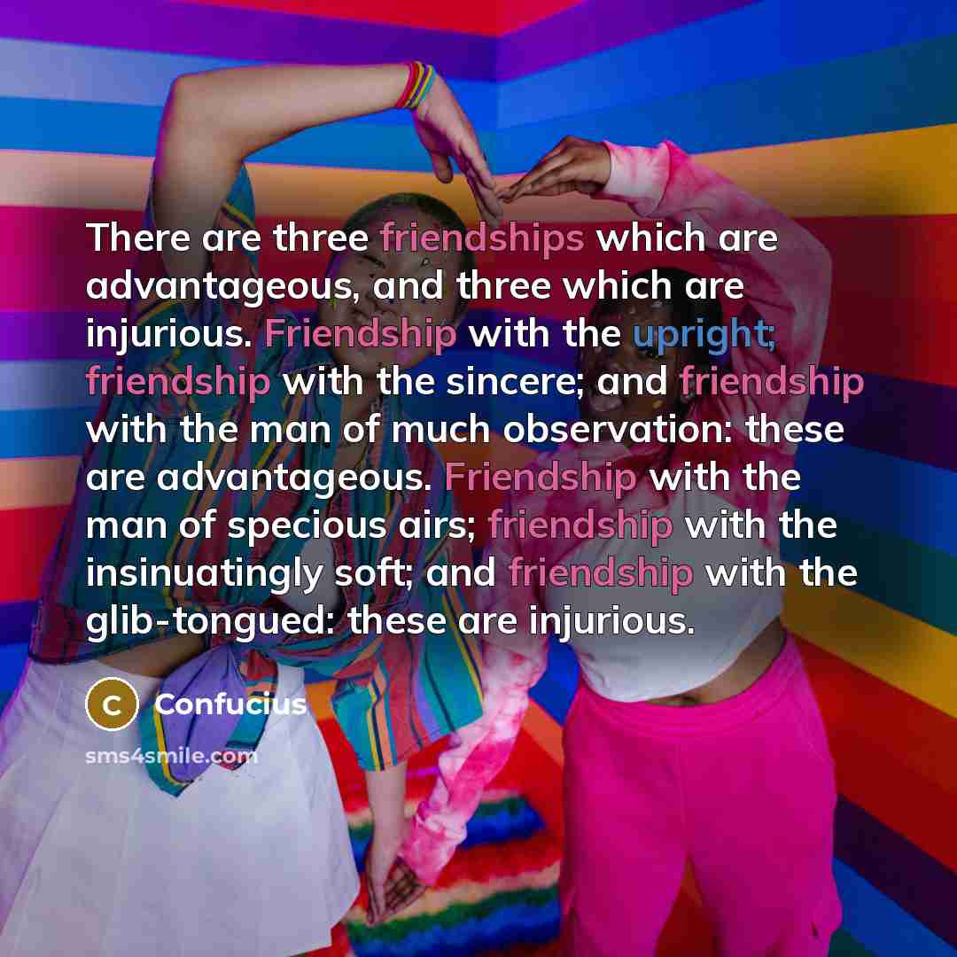 “There are three friendships which are advantageous, and three which are injurious. Friendship with the upright; friendship with the sincere; and friendship with the man of much observation: these are advantageous. Friendship with the man of specious airs; friendship with the insinuatingly soft…” quote by Confucius