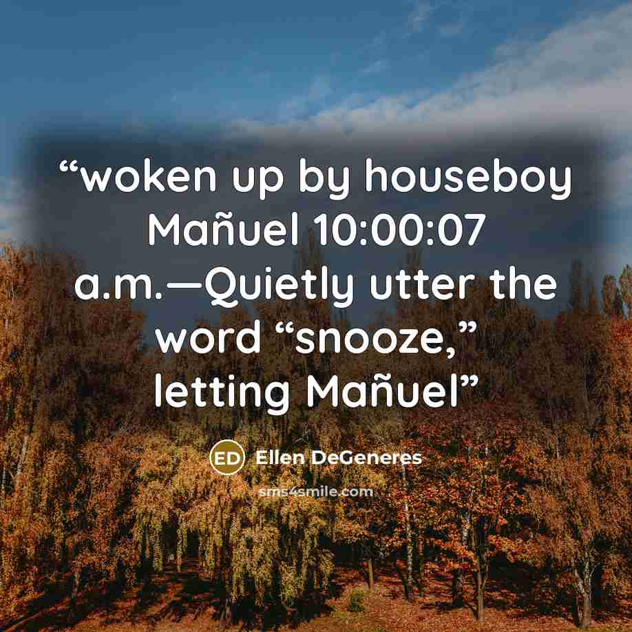 “woken up by houseboy Mañuel 10:00:07 a.m.—Quietly utter the word “snooze,” letting Mañuel” quote by Ellen DeGeneres
