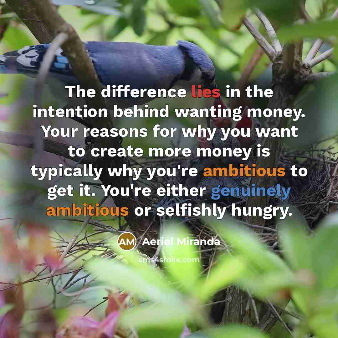 “The difference lies in the intention behind wanting money. Your reasons for why you want to create more money is typically why you're ambitious to get it. You're either genuinely ambitious or selfishly hungry.” quote by Aeriel Miranda