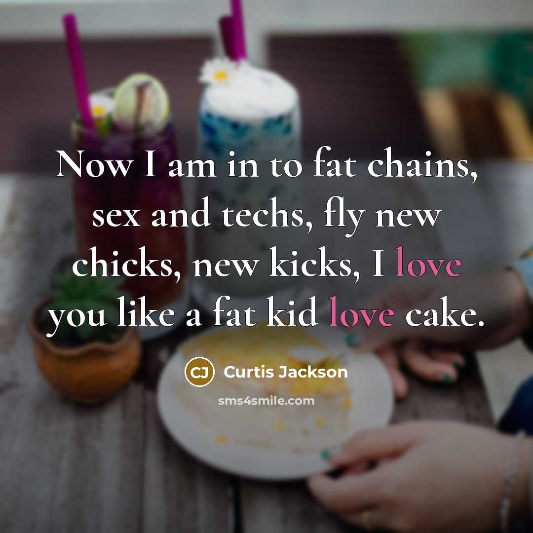 “Now I am in to fat chains, sex and techs, fly new chicks, new kicks, I love you like a fat kid love cake.” quote by Curtis Jackson