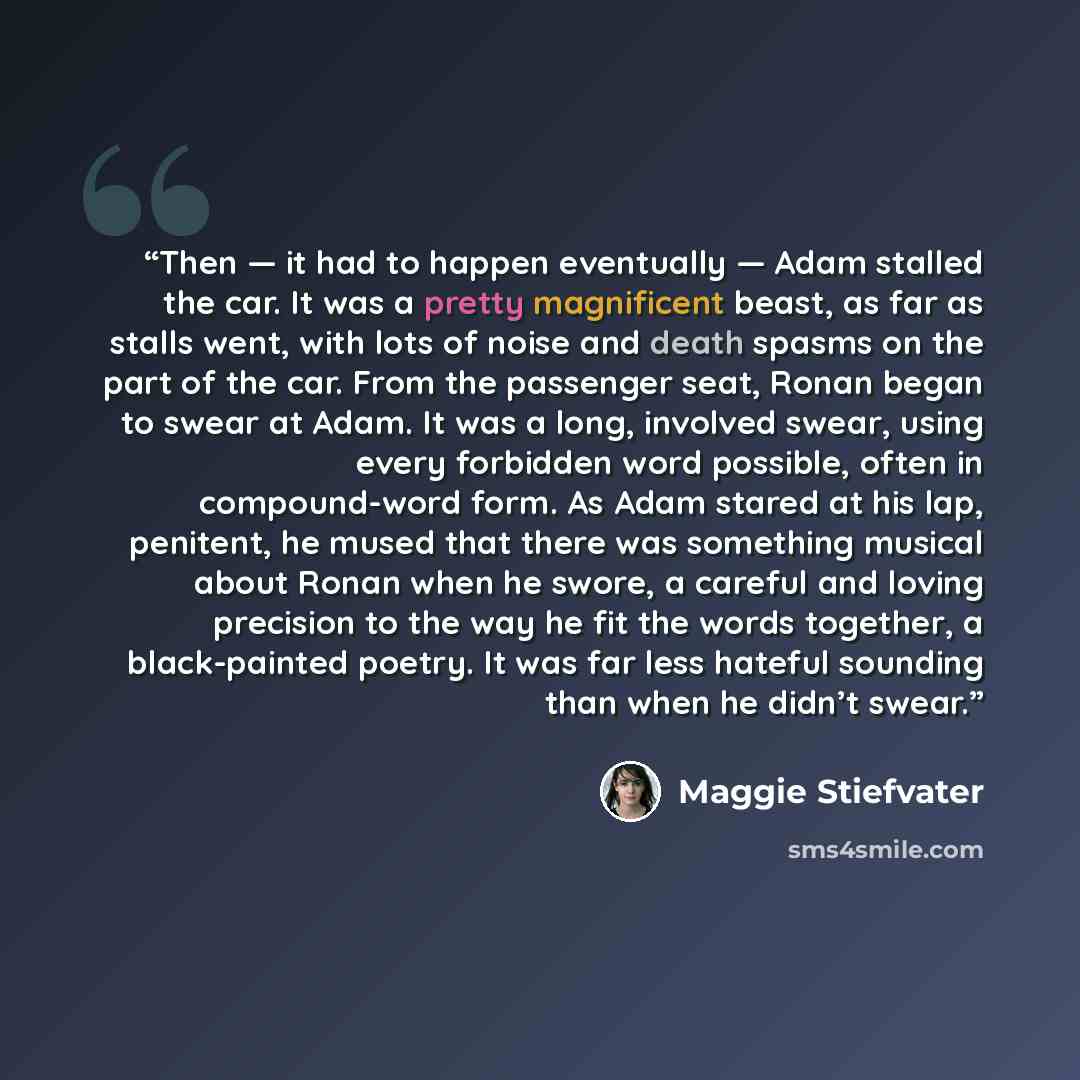 “Then — it had to happen eventually — Adam stalled the car. It was a pretty magnificent beast, as far as stalls went, with lots of noise and death spasms on the part of the car. From the passenger seat, Ronan began to swear at Adam. It was a long, involved swear, using every forbidden word…” quote by Maggie Stiefvater