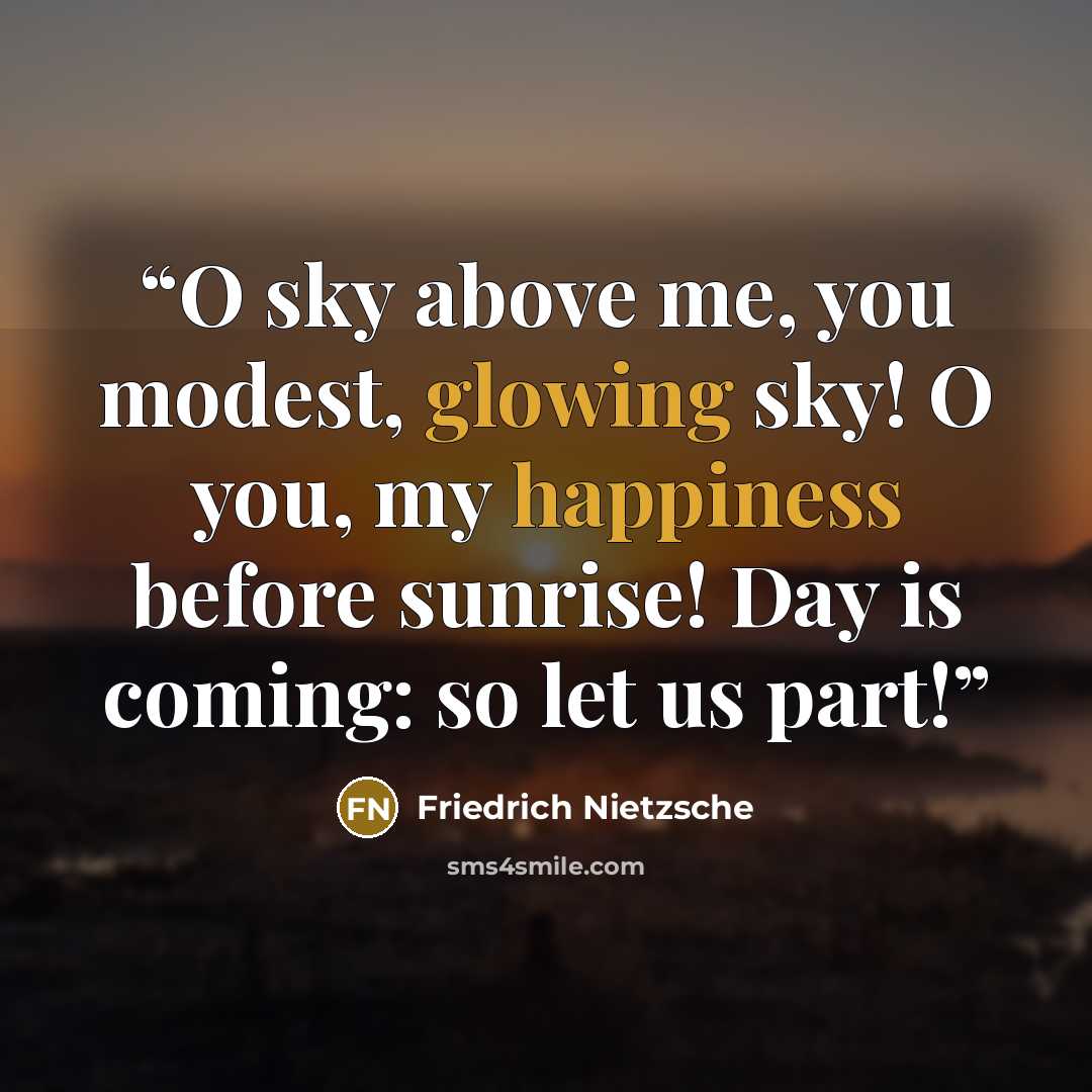 “O sky above me, you modest, glowing sky! O you, my happiness before sunrise! Day is coming: so let us part!” quote by Friedrich Nietzsche