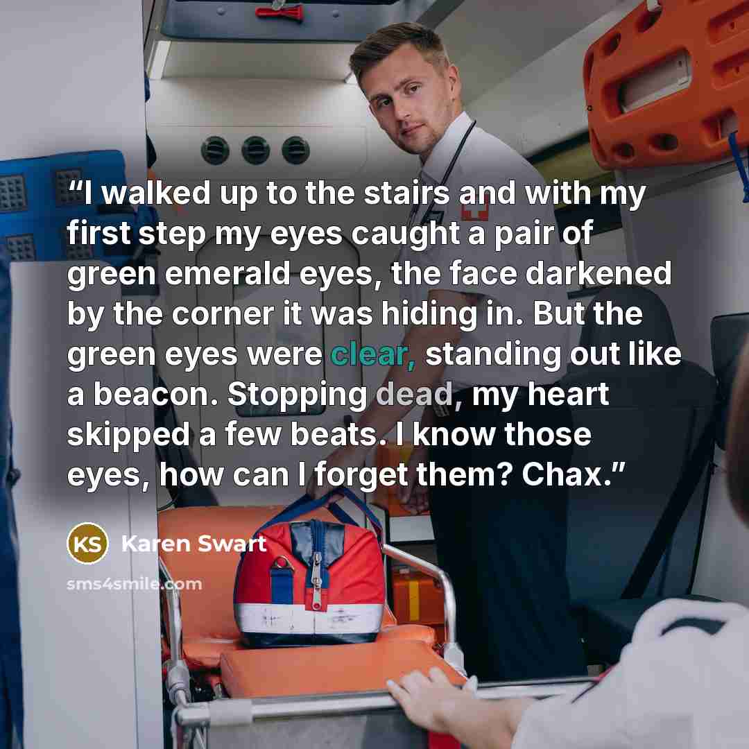 “I walked up to the stairs and with my first step my eyes caught a pair of green emerald eyes, the face darkened by the corner it was hiding in. But the green eyes were clear, standing out like a beacon. Stopping dead, my heart skipped a few beats. I know those eyes, how can I forget them? Chax.” quote by Karen Swart