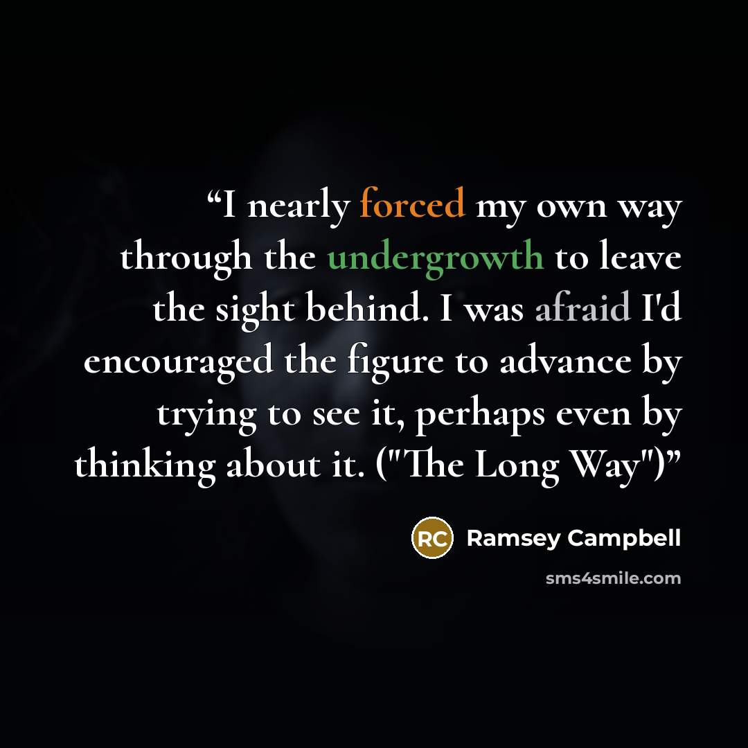 “I nearly forced my own way through the undergrowth to leave the sight behind. I was afraid I'd encouraged the figure to advance by trying to see it, perhaps even by thinking about it. ("The Long Way")” quote by Ramsey Campbell