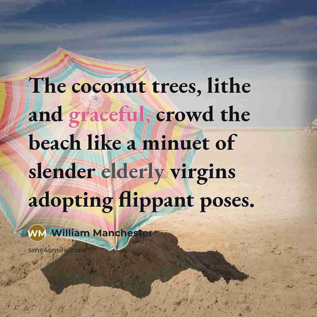 “The coconut trees, lithe and graceful, crowd the beach like a minuet of slender elderly virgins adopting flippant poses.” quote by William Manchester