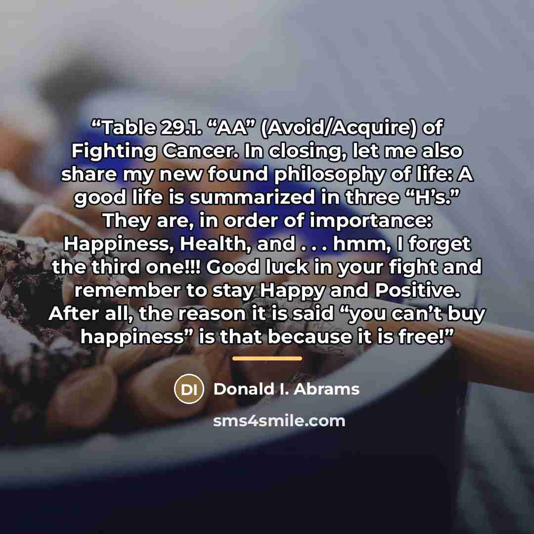 “Table 29.1. “AA” (Avoid/Acquire) of Fighting Cancer. In closing, let me also share my new found philosophy of life: A good life is summarized in three “H’s.” They are, in order of importance: Happiness, Health, and . . . hmm, I forget the third one!!! Good luck in your fight and remember to stay…” quote by Donald I. Abrams