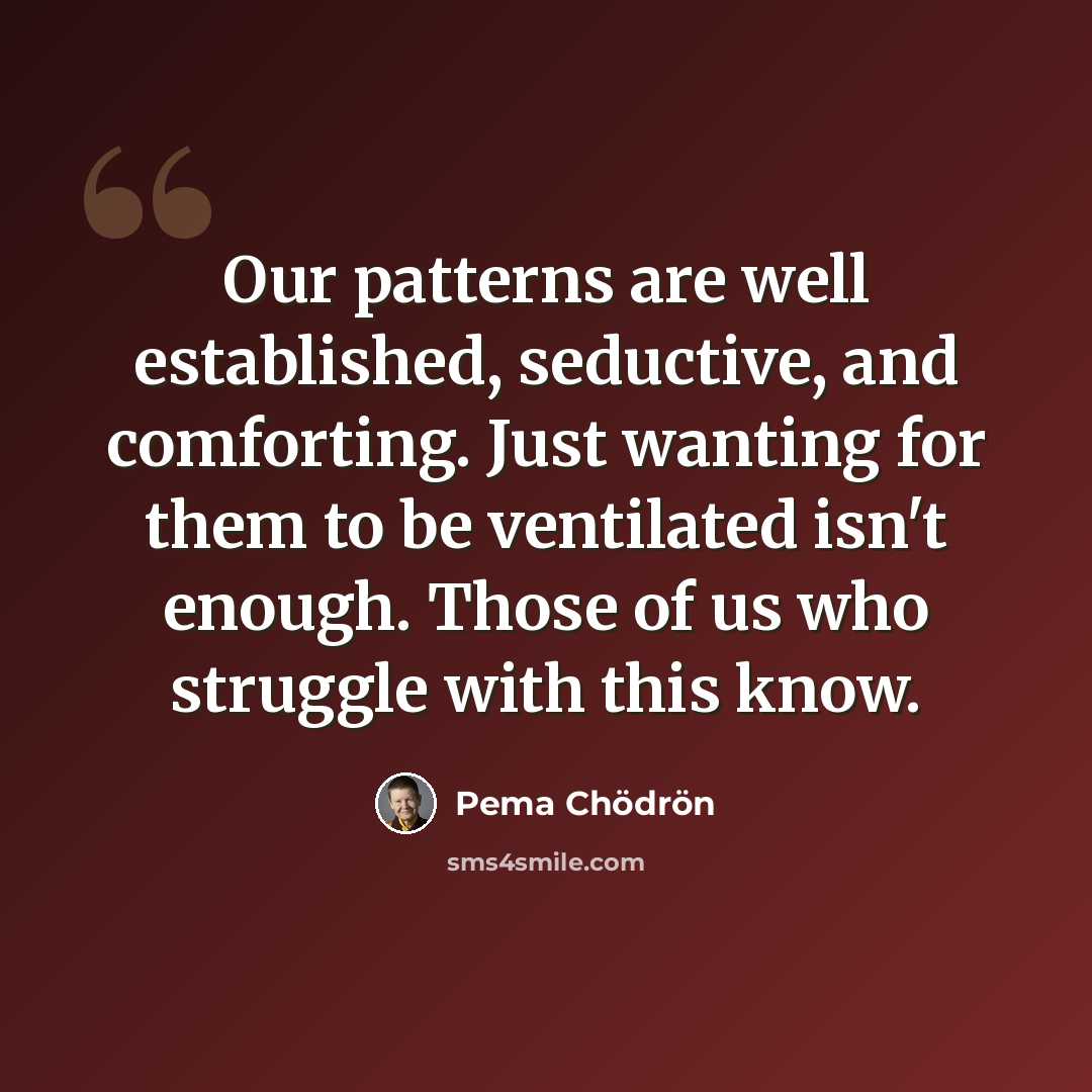 “Our patterns are well established, seductive, and comforting. Just wanting for them to be ventilated isn't enough. Those of us who struggle with this know.” quote by Pema Chodron