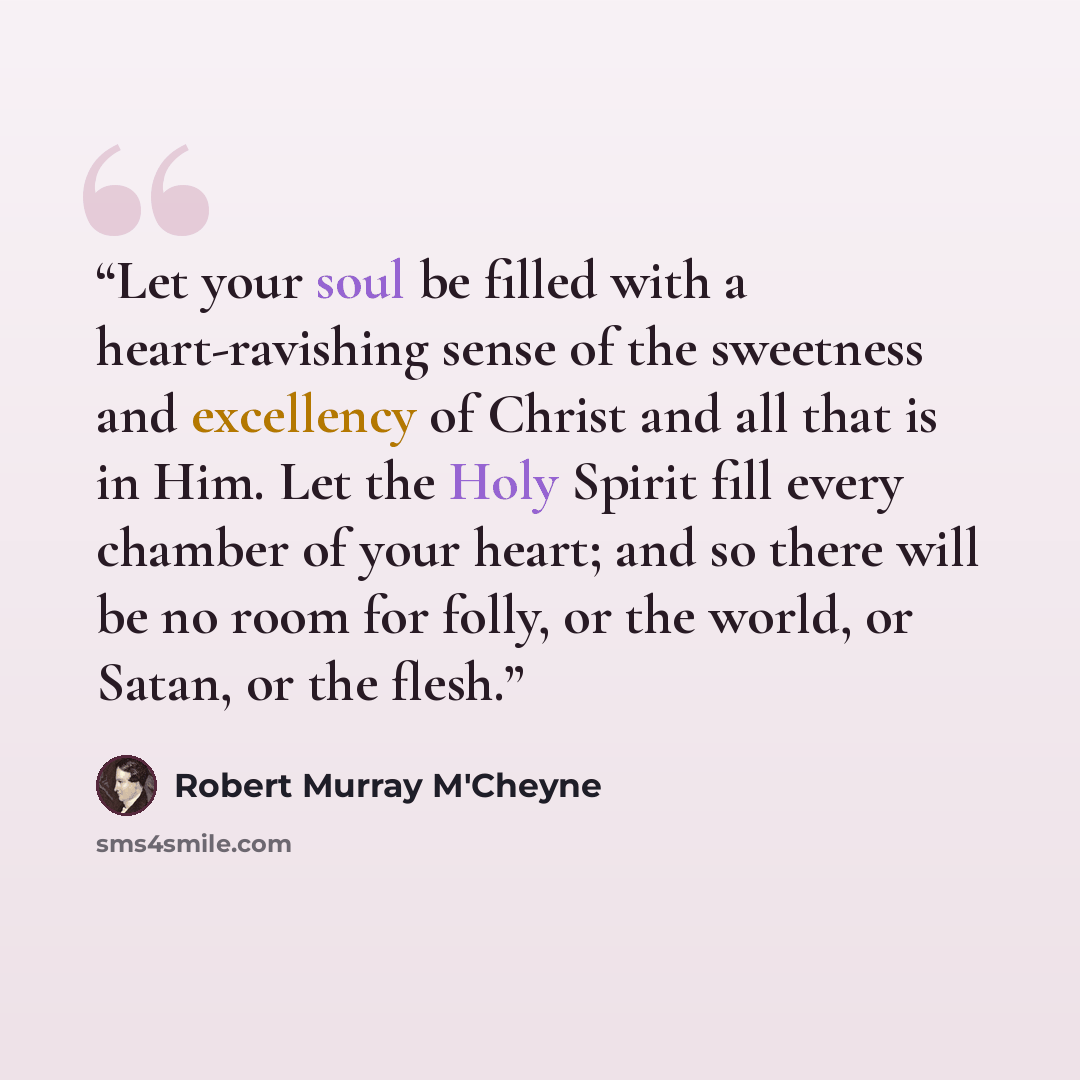 “Let your soul be filled with a heart-ravishing sense of the sweetness and excellency of Christ and all that is in Him. Let the Holy Spirit fill every chamber of your heart; and so there will be no room for folly, or the world, or Satan, or the flesh.” quote by Robert Murray M'Cheyne
