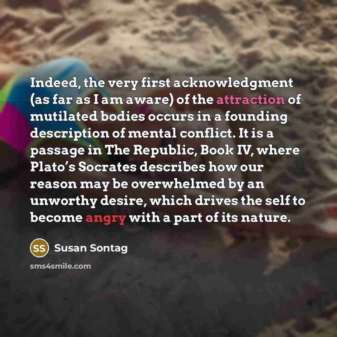 “Indeed, the very first acknowledgment (as far as I am aware) of the attraction of mutilated bodies occurs in a founding description of mental conflict. It is a passage in The Republic, Book IV, where Plato’s Socrates describes how our reason may be overwhelmed by an unworthy desire, which drives…” quote by Susan Sontag