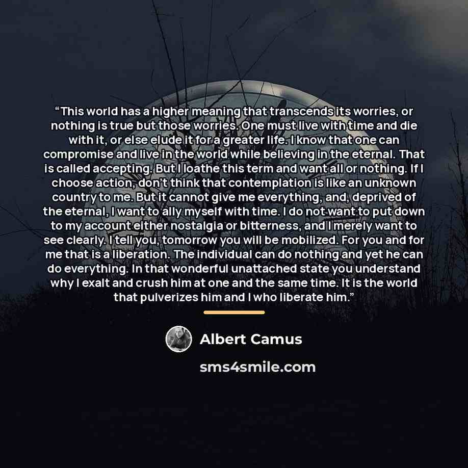 “This world has a higher meaning that transcends its worries, or nothing is true but those worries. One must live with time and die with it, or else elude it for a greater life. I know that one can compromise and live in the world while believing in the eternal. That is called accepting. But I…” quote by Albert Camus