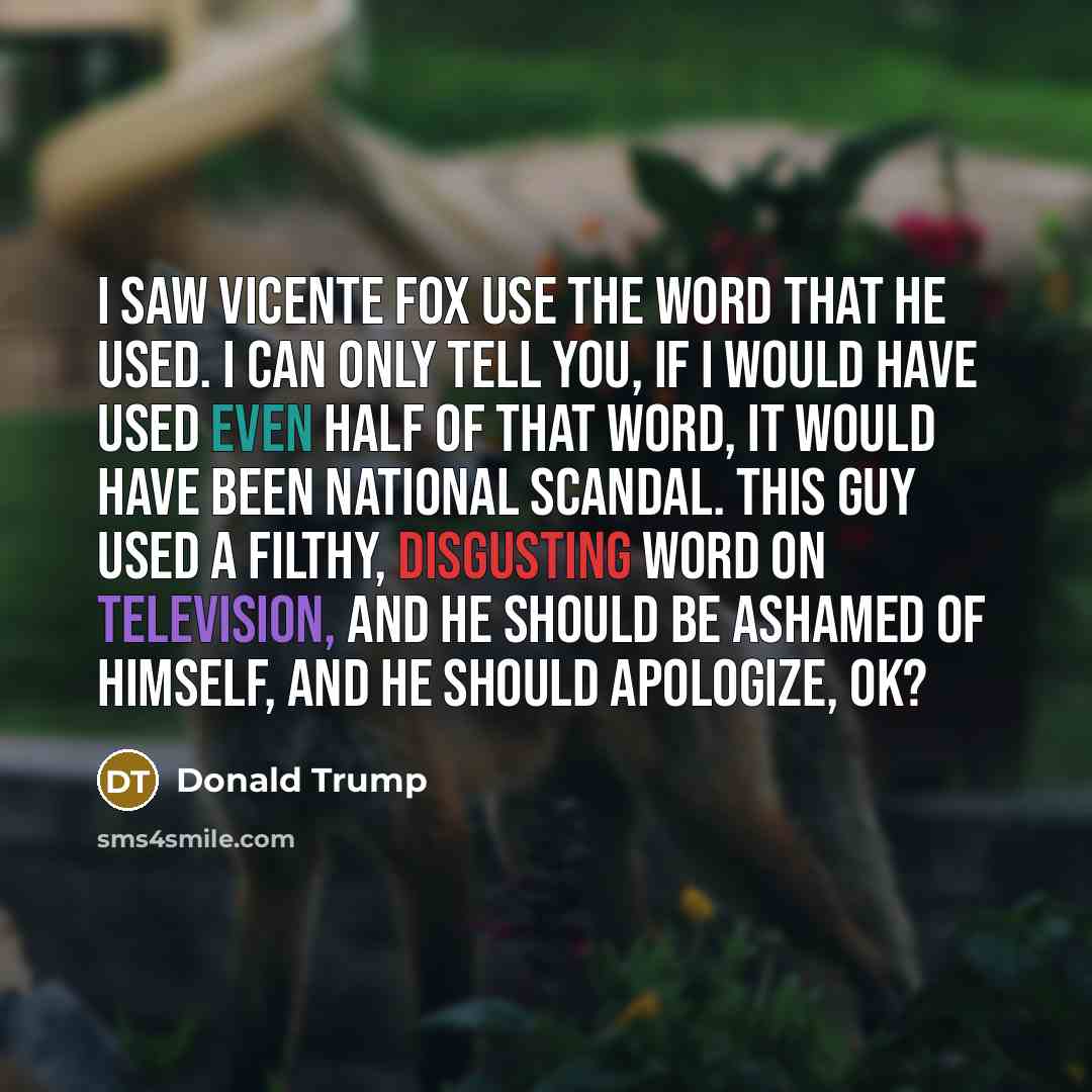 “I saw Vicente Fox use the word that he used. I can only tell you, if I would have used even half of that word, it would have been national scandal. This guy used a filthy, disgusting word on television, and he should be ashamed of himself, and he should apologize, OK?” quote by Donald Trump