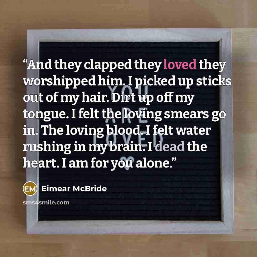“And they clapped they loved they worshipped him. I picked up sticks out of my hair. Dirt up off my tongue. I felt the loving smears go in. The loving blood. I felt water rushing in my brain. I dead the heart. I am for you alone.” quote by Eimear McBride