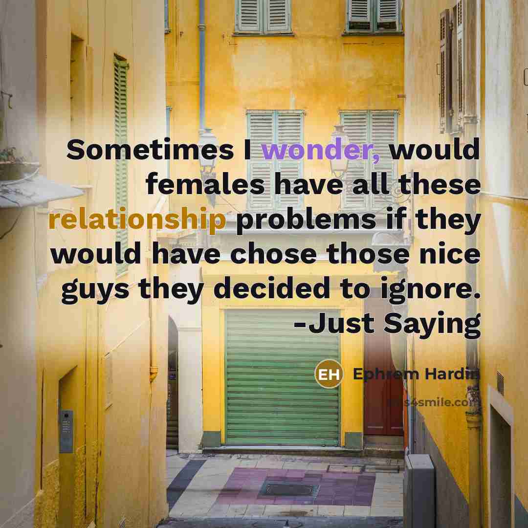 “Sometimes I wonder, would females have all these relationship problems if they would have chose those nice guys they decided to ignore. -Just Saying” quote by Ephrem Hardin