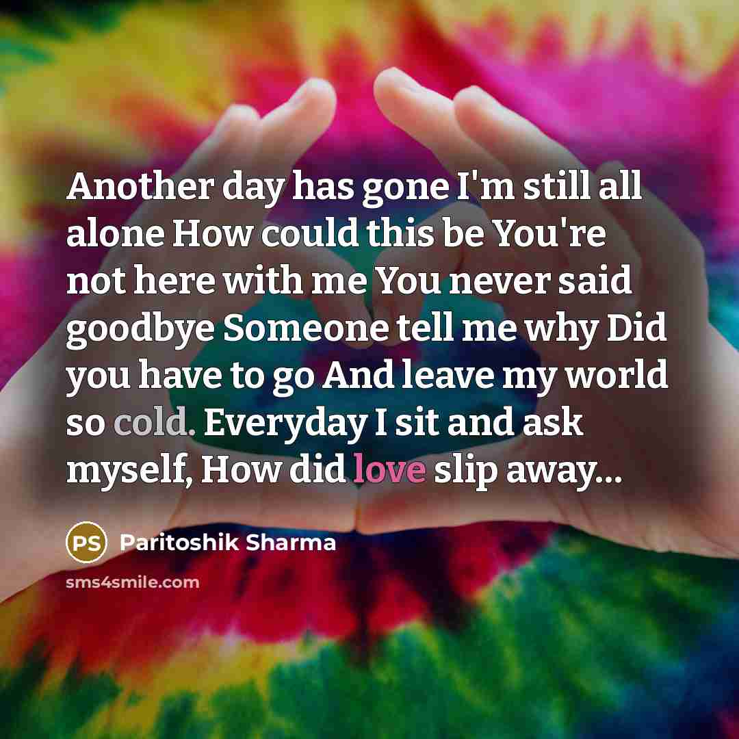 “Another day has gone I'm still all alone How could this be You're not here with me You never said goodbye Someone tell me why Did you have to go And leave my world so cold. Everyday I sit and ask myself, How did love slip away…” quote by Paritoshik Sharma