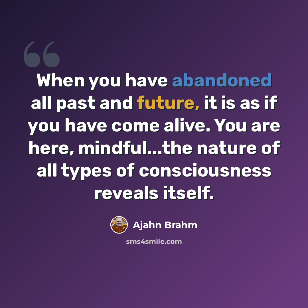 “When you have abandoned all past and future, it is as if you have come alive. You are here, mindful...the nature of all types of consciousness reveals itself.” quote by Ajahn Brahm