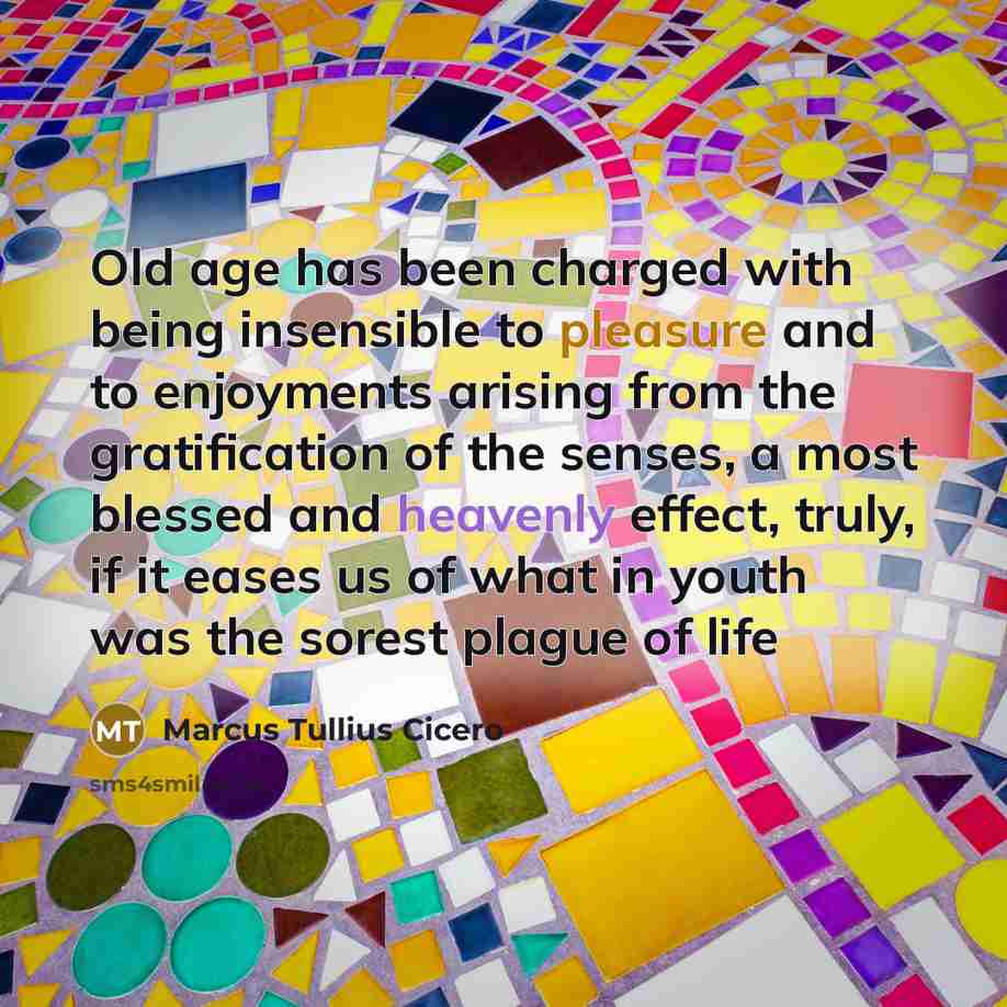 “Old age has been charged with being insensible to pleasure and to enjoyments arising from the gratification of the senses, a most blessed and heavenly effect, truly, if it eases us of what in youth was the sorest plague of life” quote by Marcus Tullius Cicero