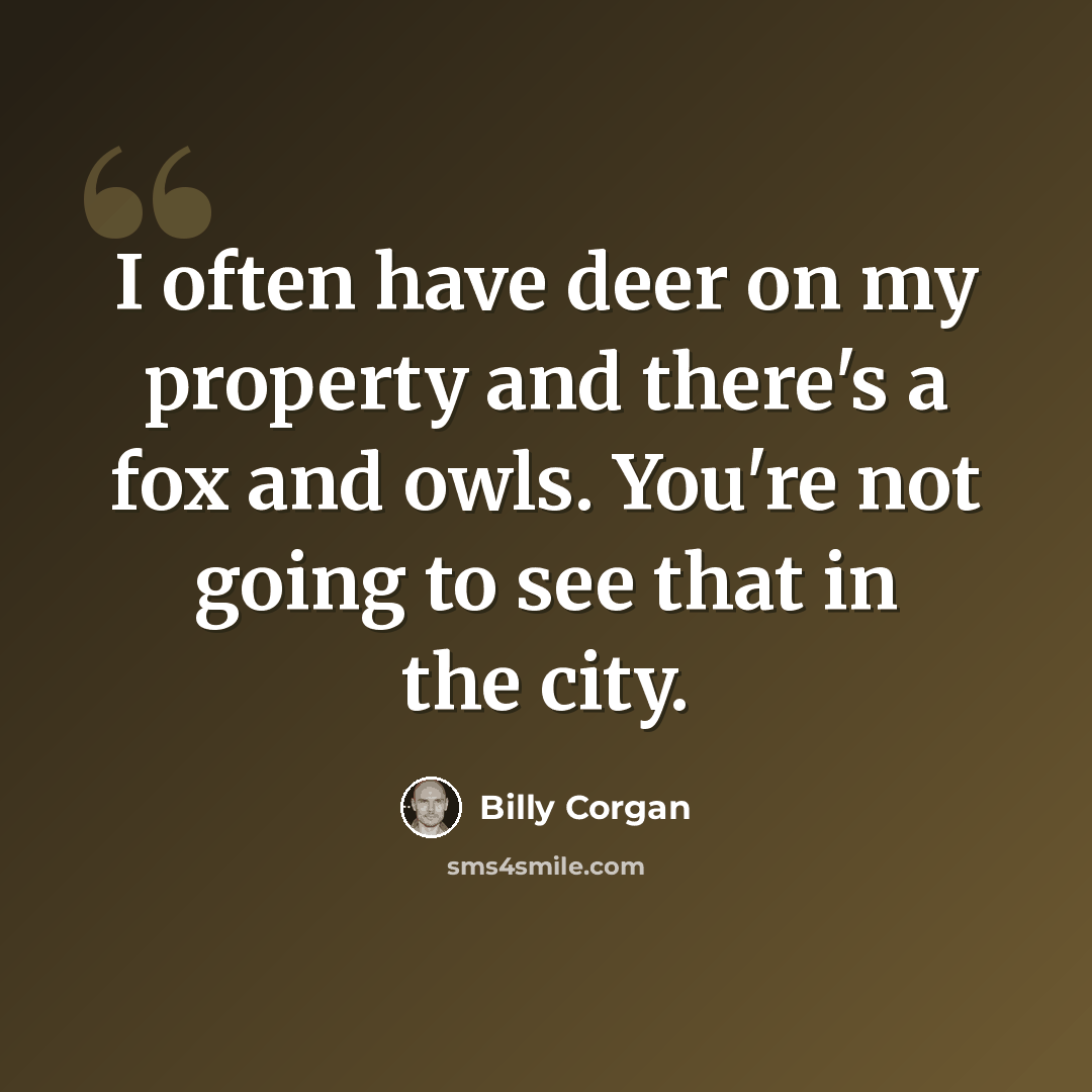 “I often have deer on my property and there's a fox and owls. You're not going to see that in the city.” quote by Billy Corgan