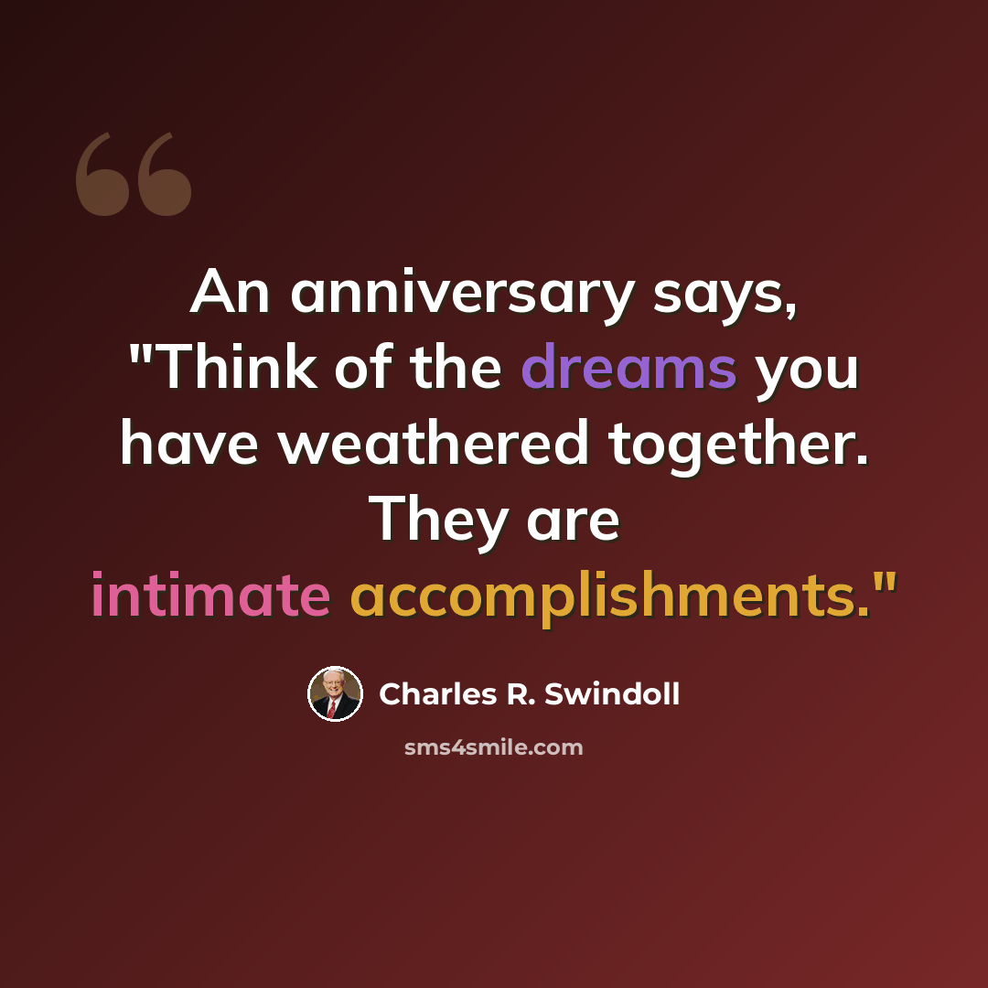 “An anniversary says, "Think of the dreams you have weathered together. They are intimate accomplishments."” quote by Charles R. Swindoll