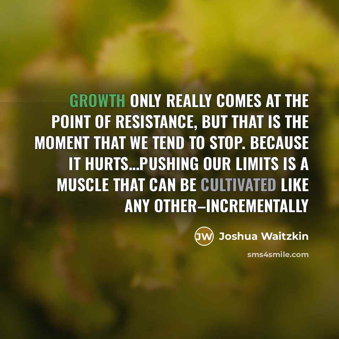 “Growth only really comes at the point of resistance, but that is the moment that we tend to stop. Because it hurts…pushing our limits is a muscle that can be cultivated like any other–incrementally” quote by Joshua Waitzkin
