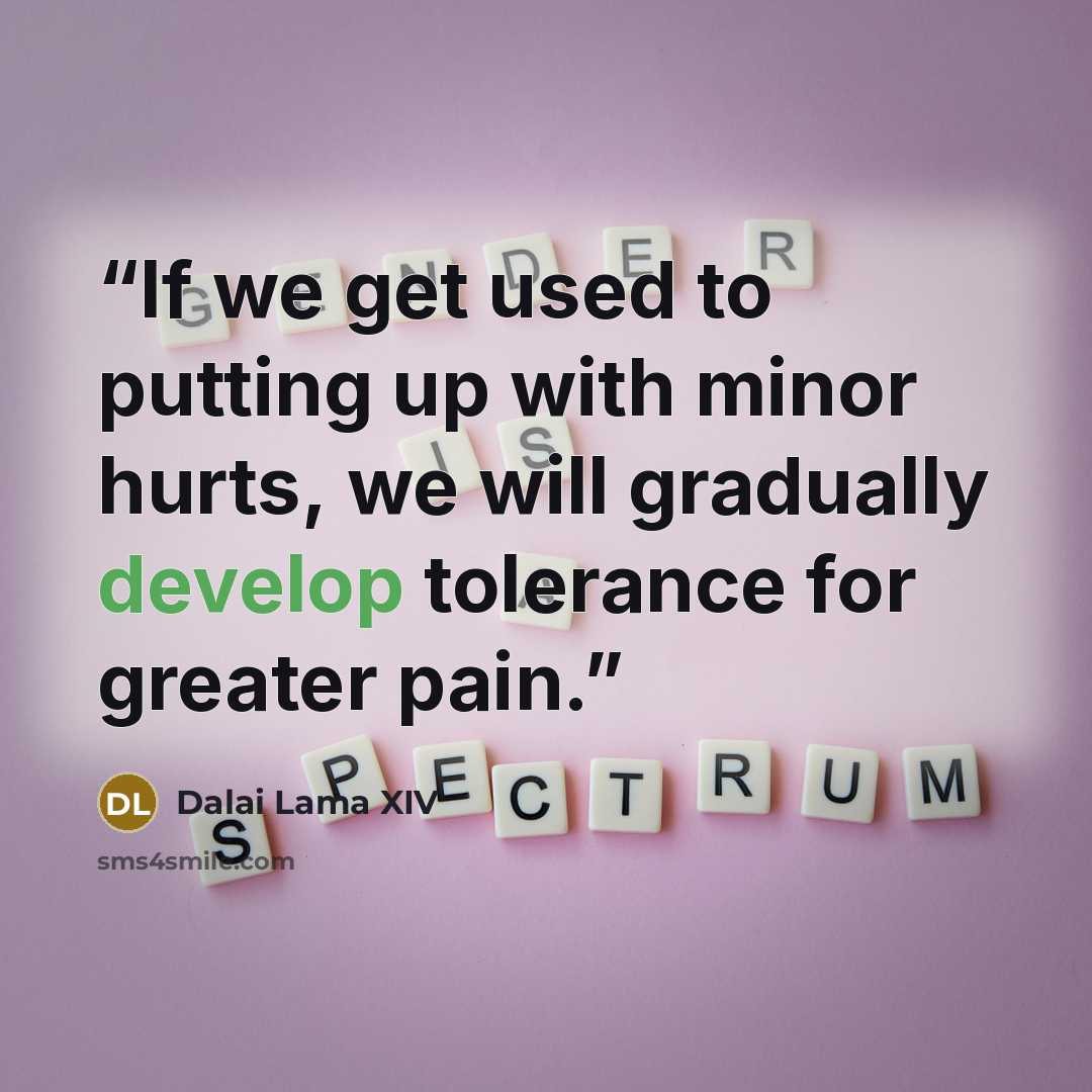 “If we get used to putting up with minor hurts, we will gradually develop tolerance for greater pain.” quote by Dalai Lama XIV