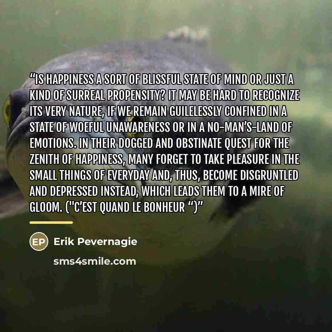 “Is happiness a sort of blissful state of mind or just a kind of surreal propensity? It may be hard to recognize its very nature, if we remain guilelessly confined in a state of woeful unawareness or in a no-man’s-land of emotions. In their dogged and obstinate quest for the zenith of happiness…” quote by Erik Pevernagie
