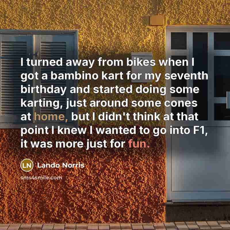 “I turned away from bikes when I got a bambino kart for my seventh birthday and started doing some karting, just around some cones at home, but I didn't think at that point I knew I wanted to go into F1, it was more just for fun.” quote by Lando Norris