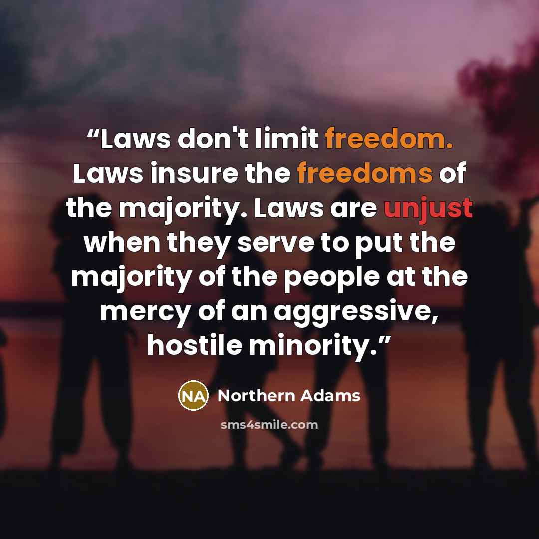 “Laws don't limit freedom. Laws insure the freedoms of the majority. Laws are unjust when they serve to put the majority of the people at the mercy of an aggressive, hostile minority.” quote by Northern Adams