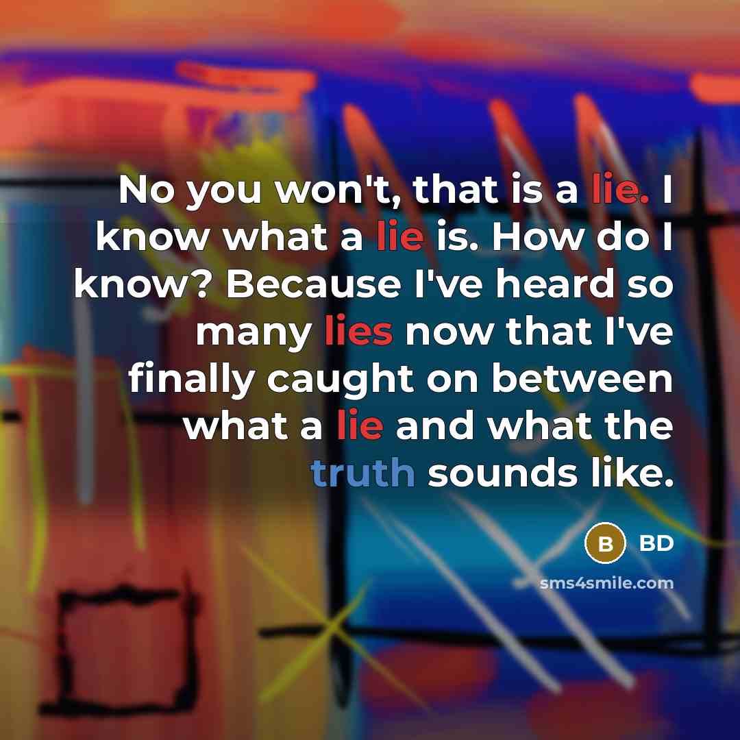 “No you won't, that is a lie. I know what a lie is. How do I know? Because I've heard so many lies now that I've finally caught on between what a lie and what the truth sounds like.” quote by BD