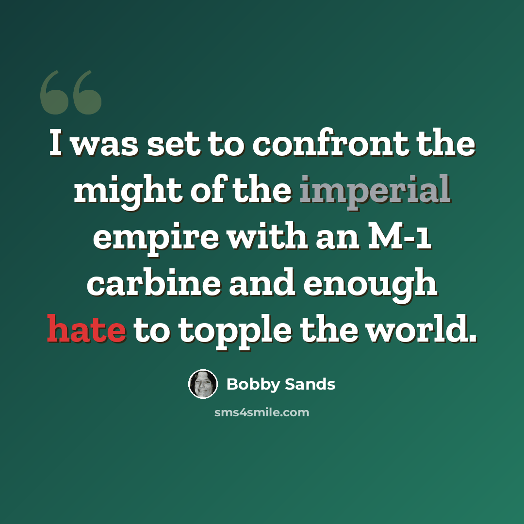 “I was set to confront the might of the imperial empire with an M-1 carbine and enough hate to topple the world.” quote by Bobby Sands