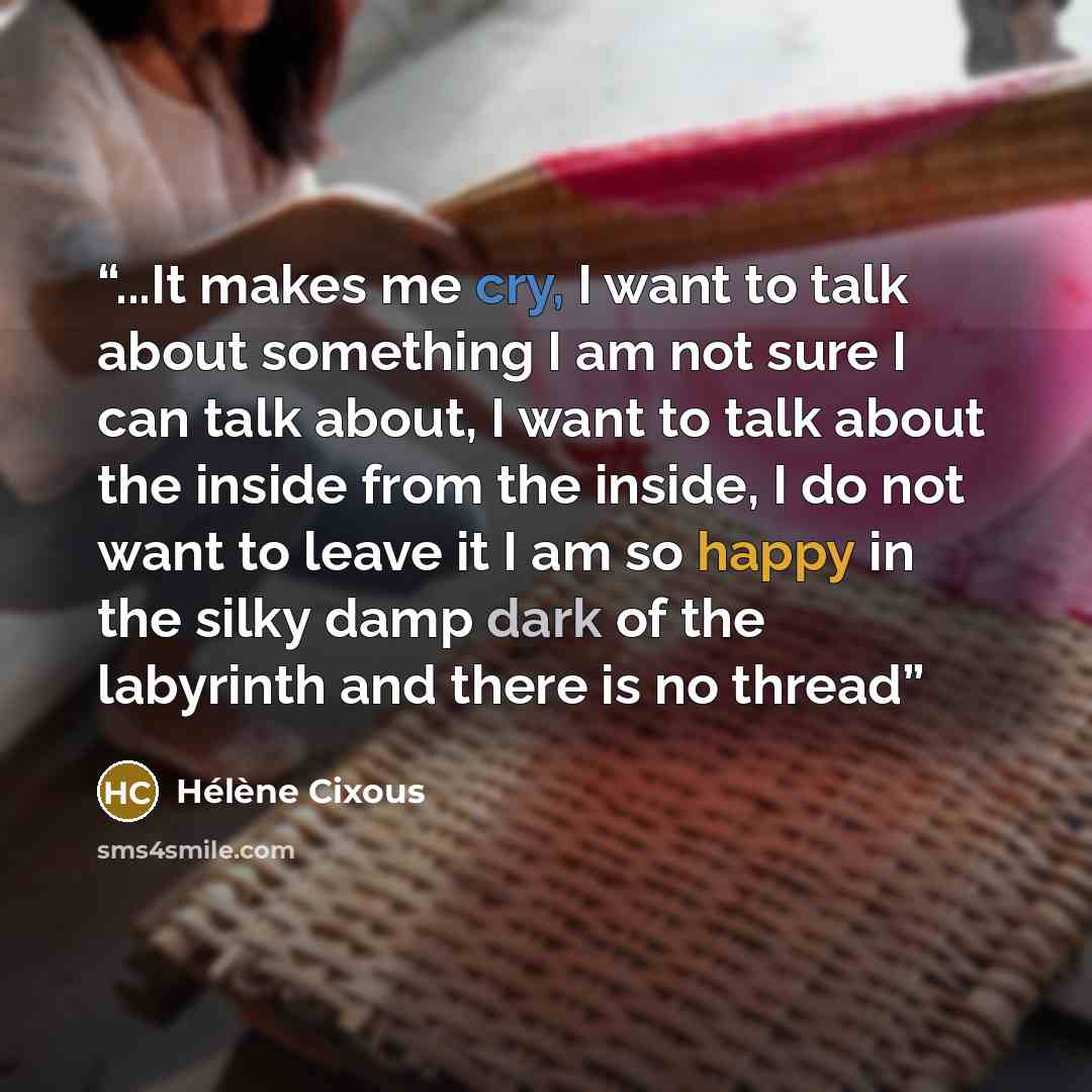 “...It makes me cry, I want to talk about something I am not sure I can talk about, I want to talk about the inside from the inside, I do not want to leave it I am so happy in the silky damp dark of the labyrinth and there is no thread” quote by Hélène Cixous