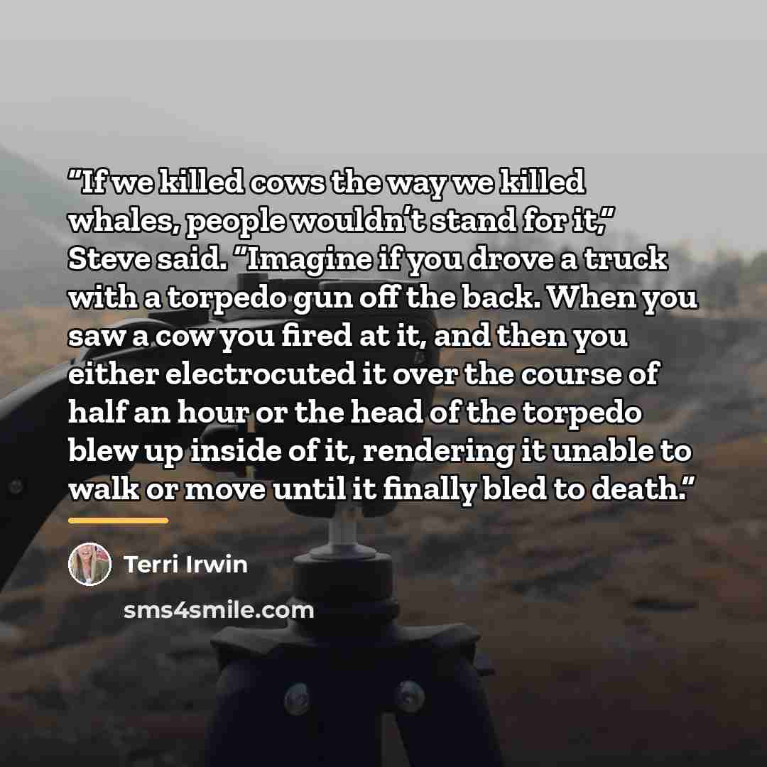 “If we killed cows the way we killed whales, people wouldn’t stand for it,” Steve said. “Imagine if you drove a truck with a torpedo gun off the back. When you saw a cow you fired at it, and then you either electrocuted it over the course of half an hour or the head of the torpedo blew up inside of…” quote by Terri Irwin