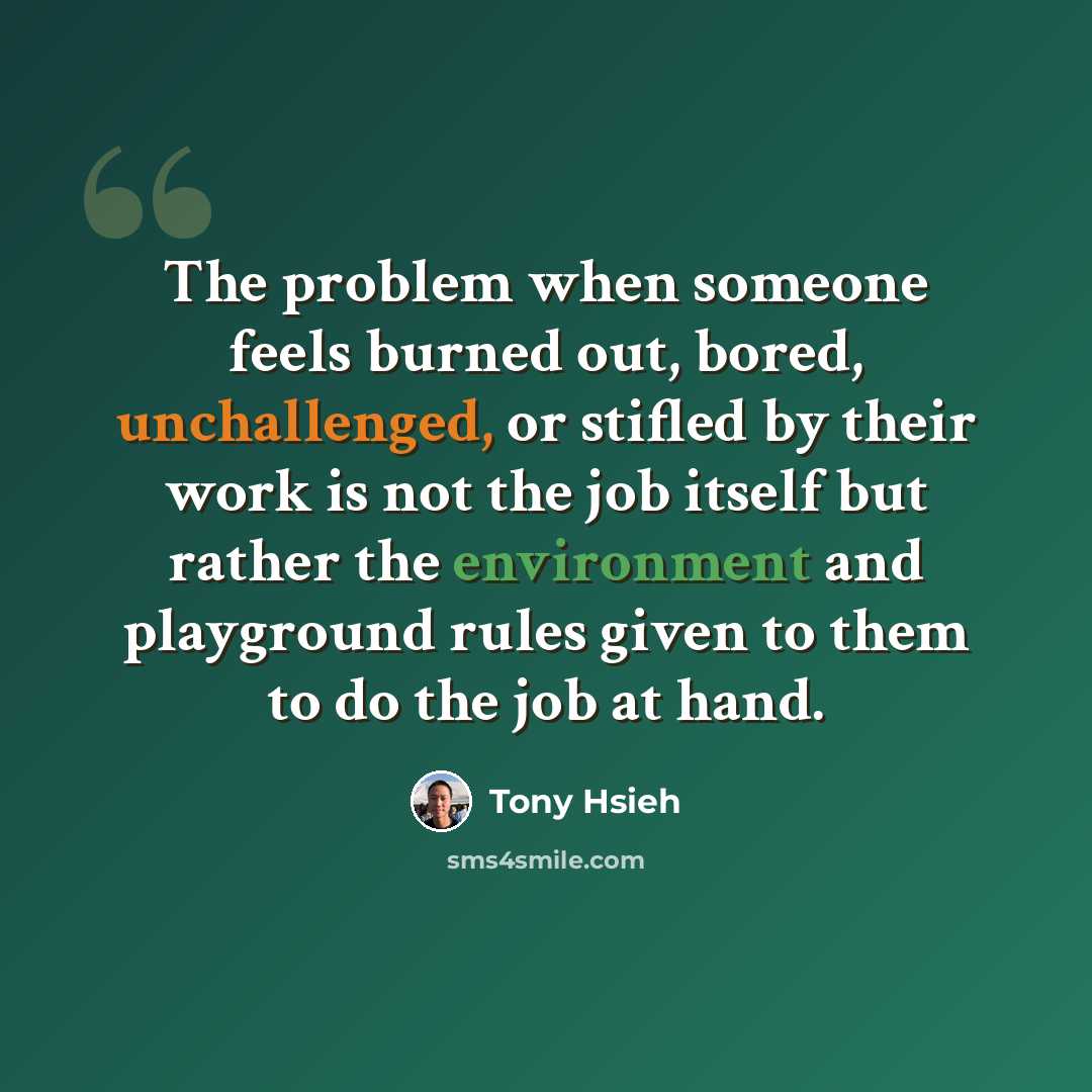 “The problem when someone feels burned out, bored, unchallenged, or stifled by their work is not the job itself but rather the environment and playground rules given to them to do the job at hand.” quote by Tony Hsieh