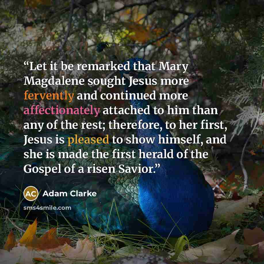 “Let it be remarked that Mary Magdalene sought Jesus more fervently and continued more affectionately attached to him than any of the rest; therefore, to her first, Jesus is pleased to show himself, and she is made the first herald of the Gospel of a risen Savior.” quote by Adam Clarke